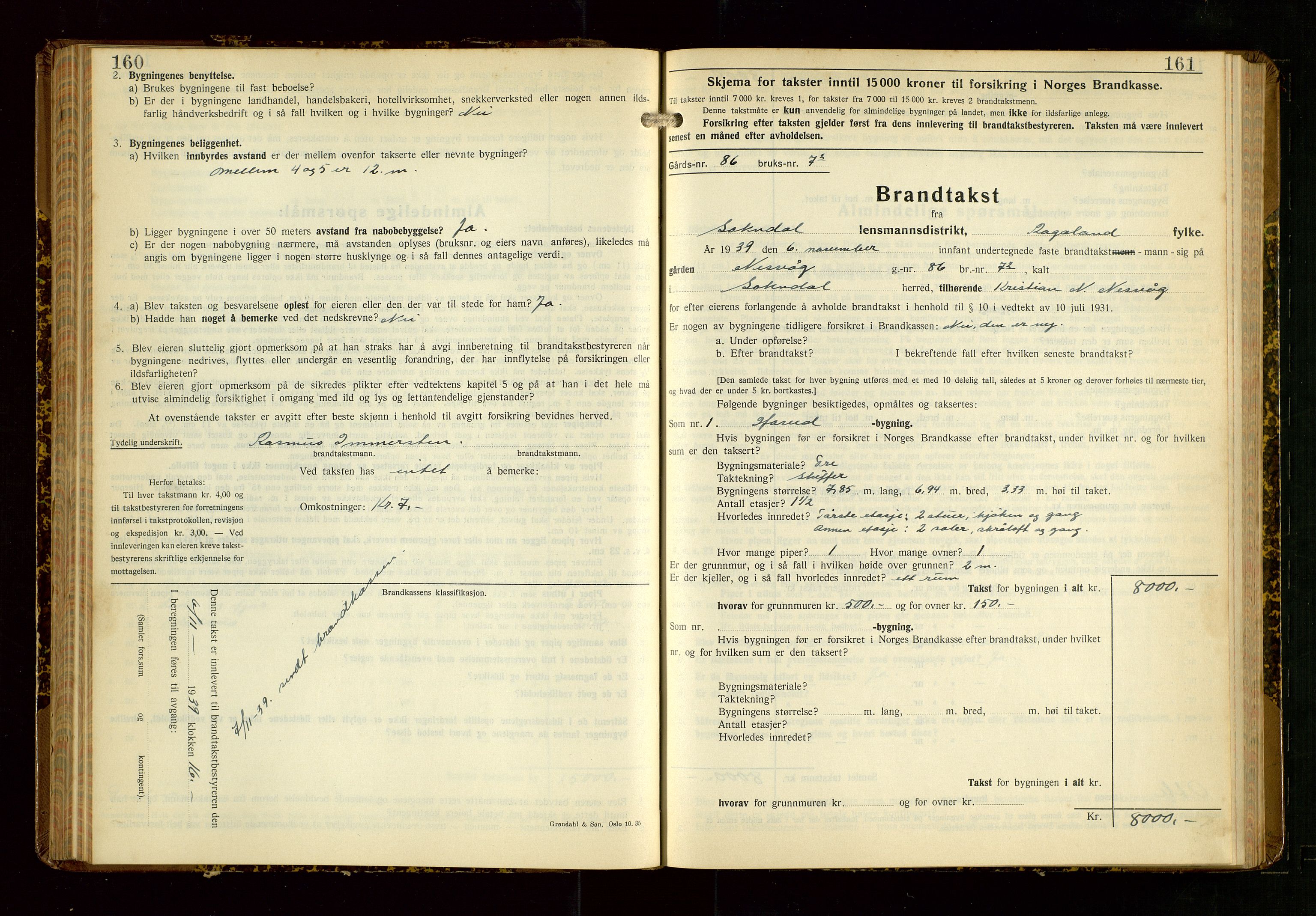 Sokndal lensmannskontor, AV/SAST-A-100417/Gob/L0008: "Brandtakst-Protokoll", 1937-1955, s. 160-161