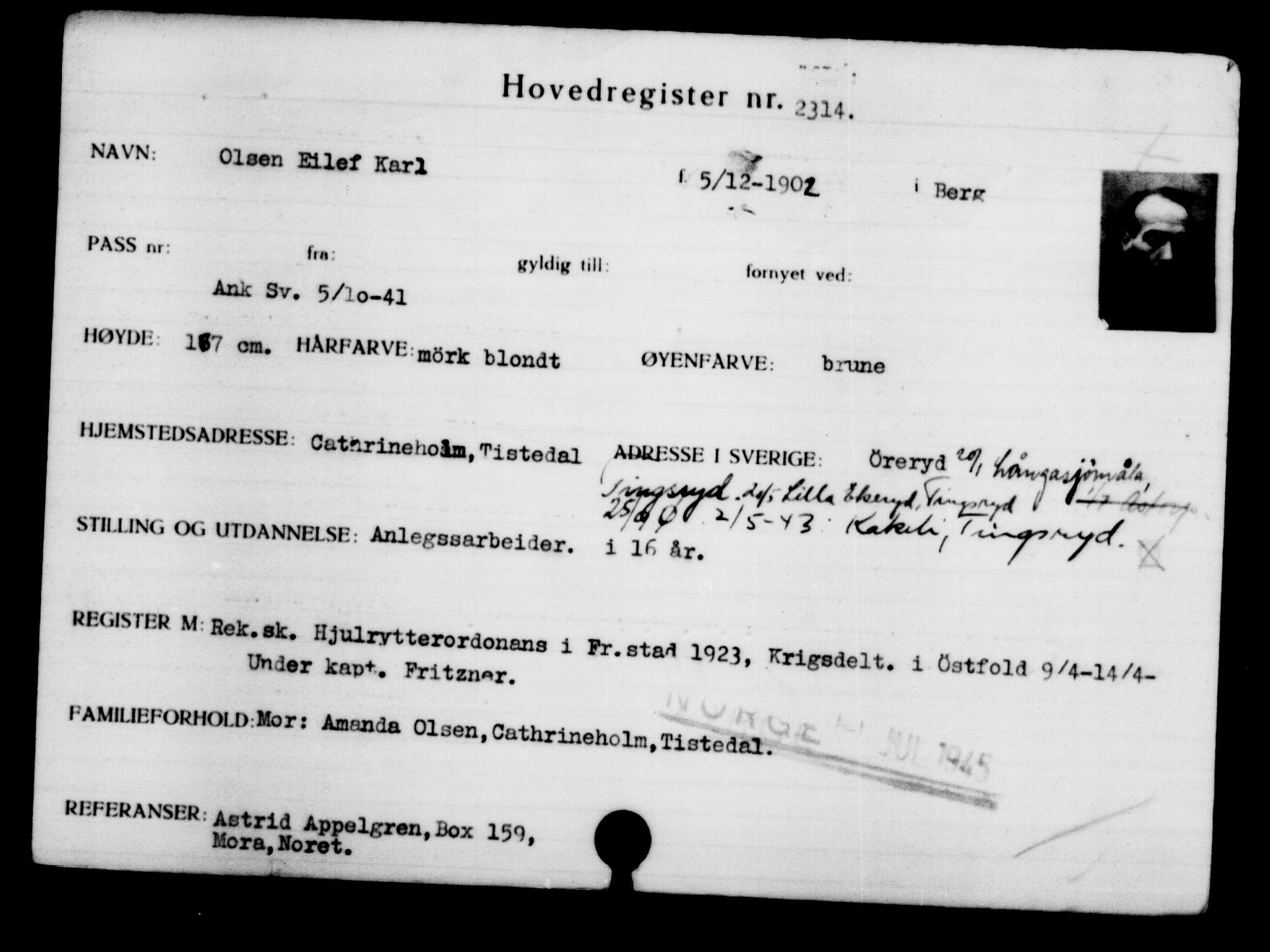 Utenriksstasjonene, Legasjonen i Stockholm, Flyktningkontoret, AV/RA-S-6753/V/Va/L0003: Kjesäterkartoteket, flyktninger med registreringsnr. 2001-3495, 1940-1945, s. 443