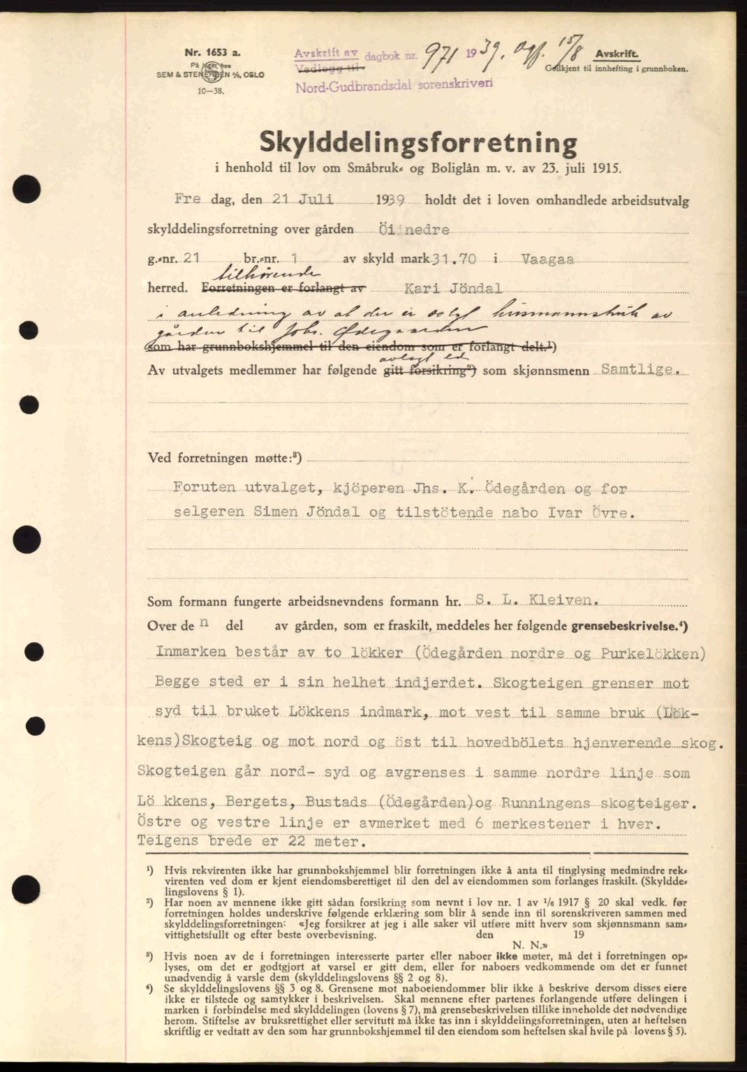 Nord-Gudbrandsdal tingrett, SAH/TING-002/H/Hb/Hbb/L0005: Pantebok nr. FA5, 1939-1940, Dagboknr: 971/1939