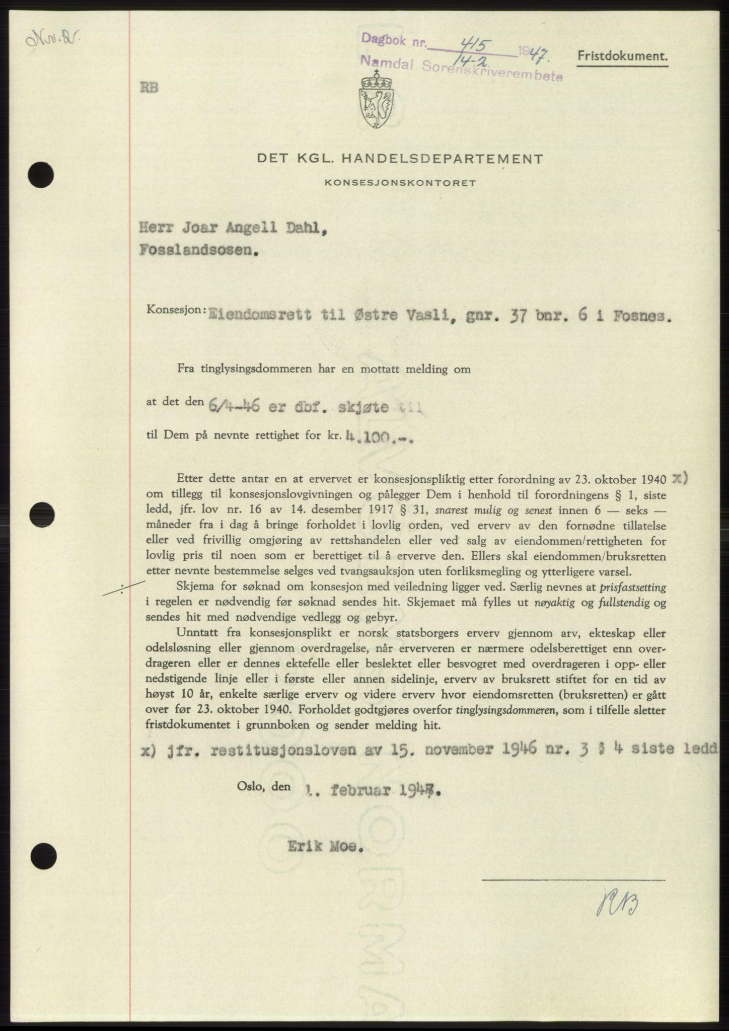Namdal sorenskriveri, SAT/A-4133/1/2/2C: Pantebok nr. -, 1946-1947, Dagboknr: 415/1947