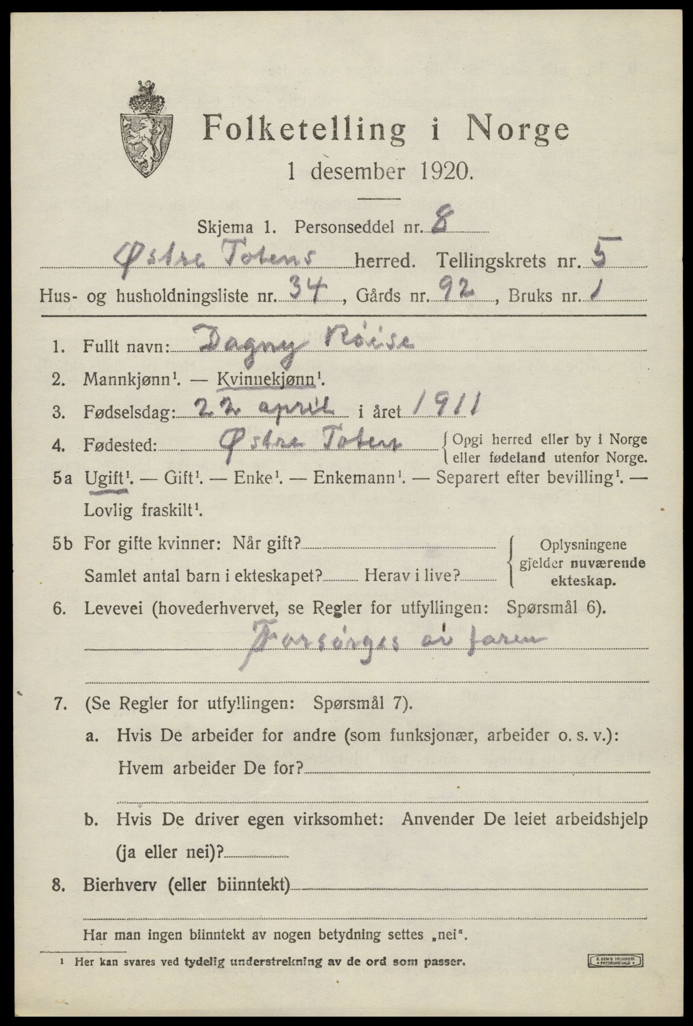 SAH, Folketelling 1920 for 0528 Østre Toten herred, 1920, s. 11268