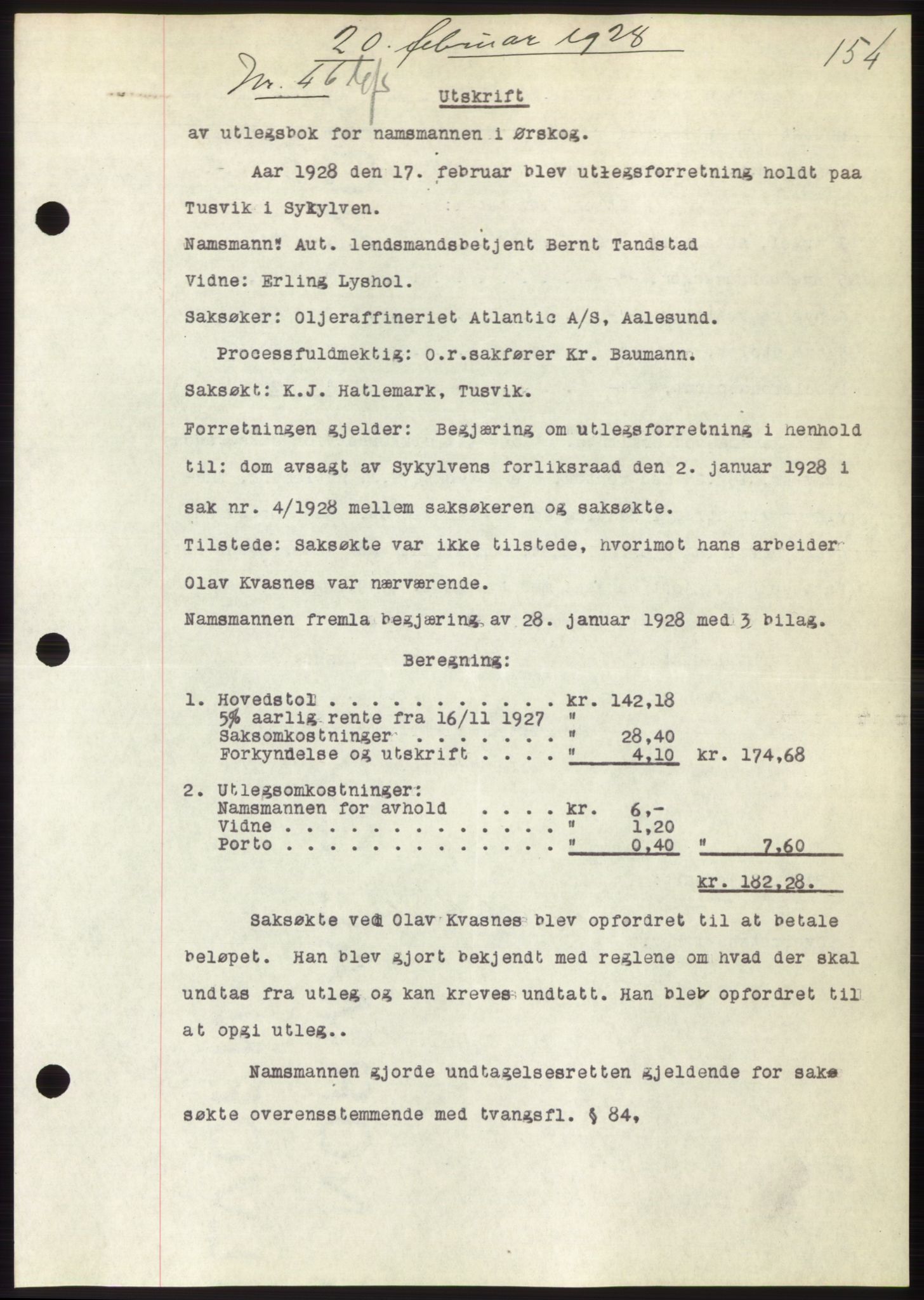 Nordre Sunnmøre sorenskriveri, AV/SAT-A-0006/1/2/2C/2Ca/L0041: Pantebok nr. 41, 1928-1928, Tingl.dato: 20.02.1928