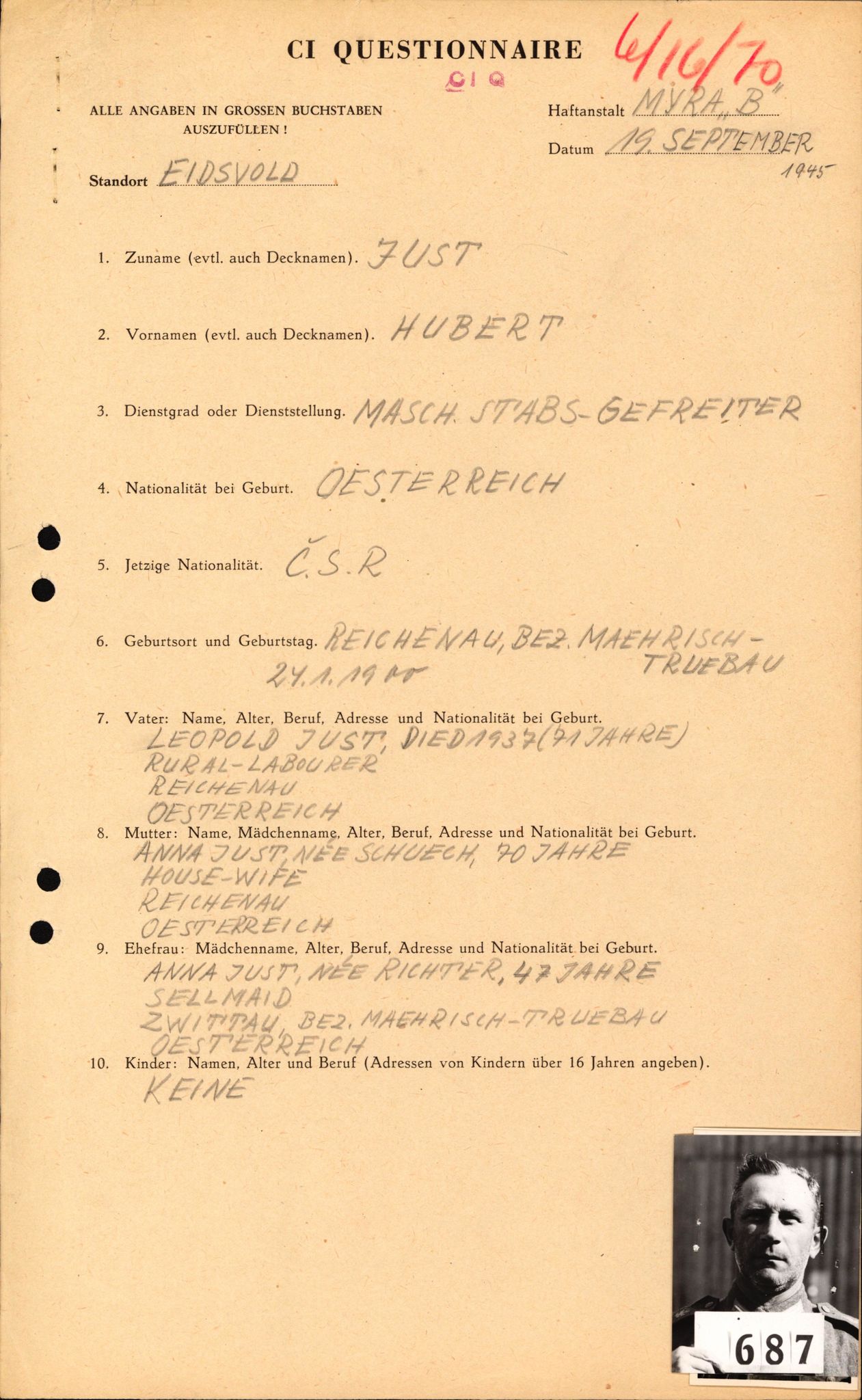 Forsvaret, Forsvarets overkommando II, AV/RA-RAFA-3915/D/Db/L0039: CI Questionaires. Tyske okkupasjonsstyrker i Norge. Østerrikere., 1945-1946, s. 139