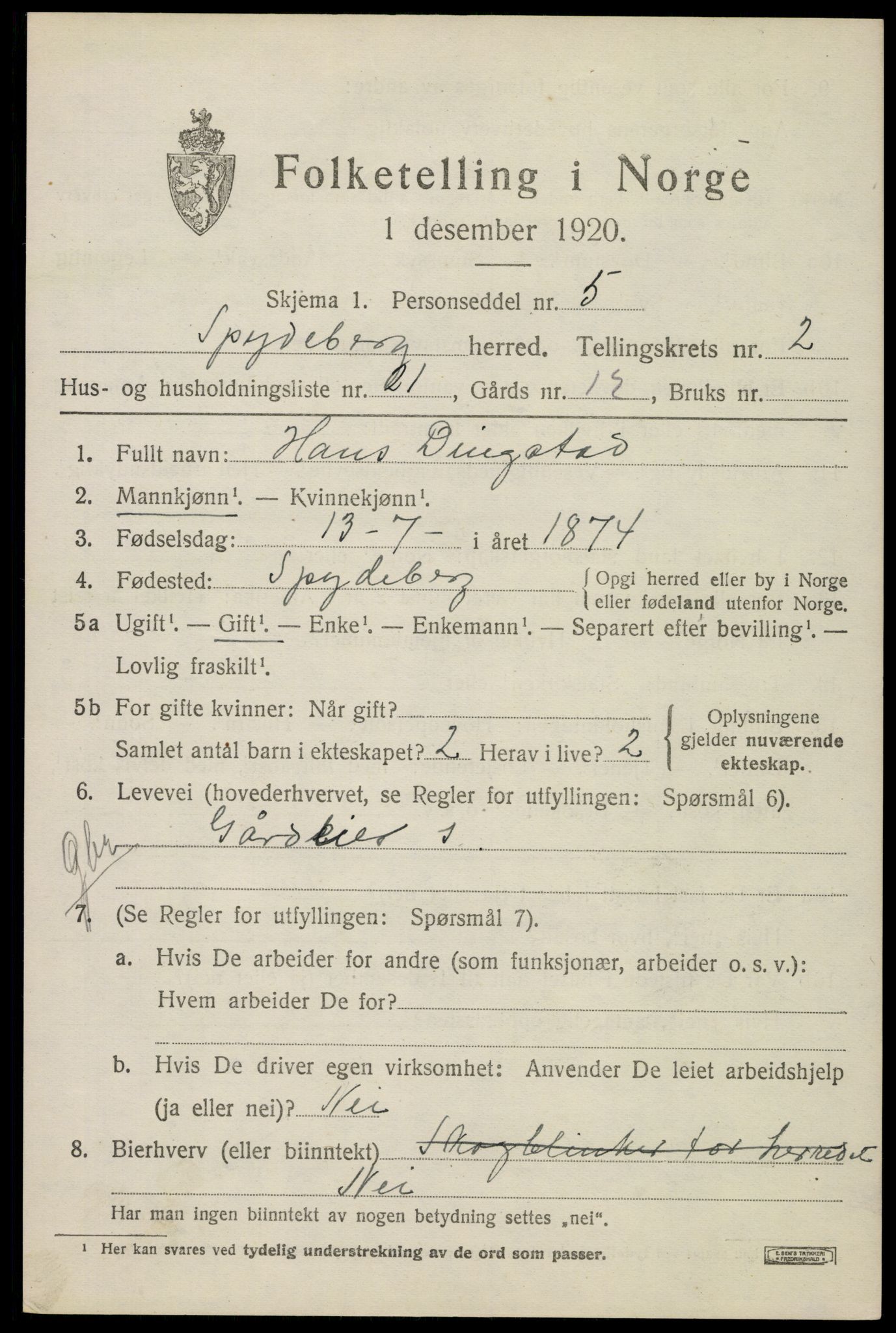 SAO, Folketelling 1920 for 0123 Spydeberg herred, 1920, s. 3081