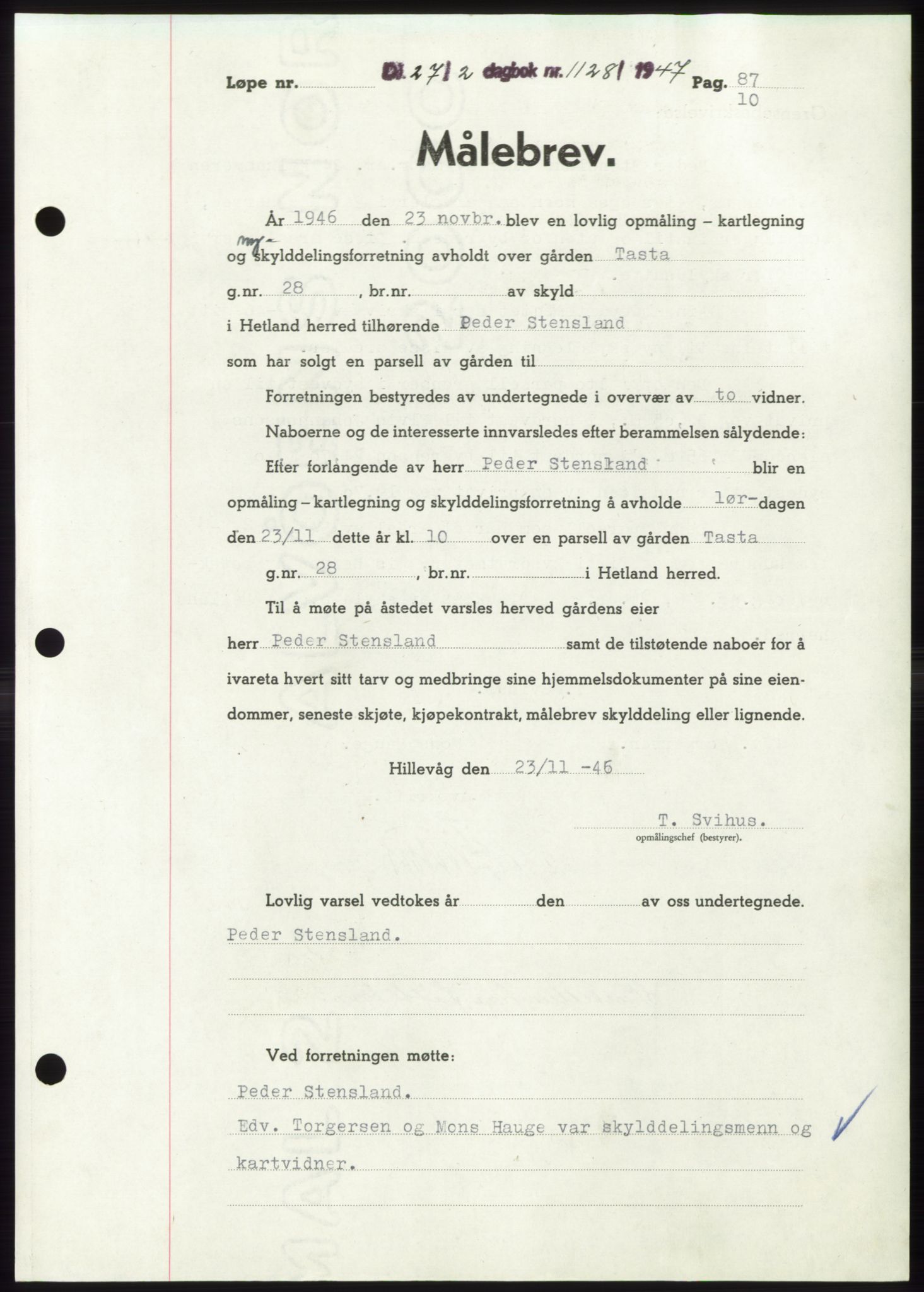 Jæren sorenskriveri, SAST/A-100310/03/G/Gba/L0093: Pantebok, 1947-1947, Dagboknr: 1128/1947