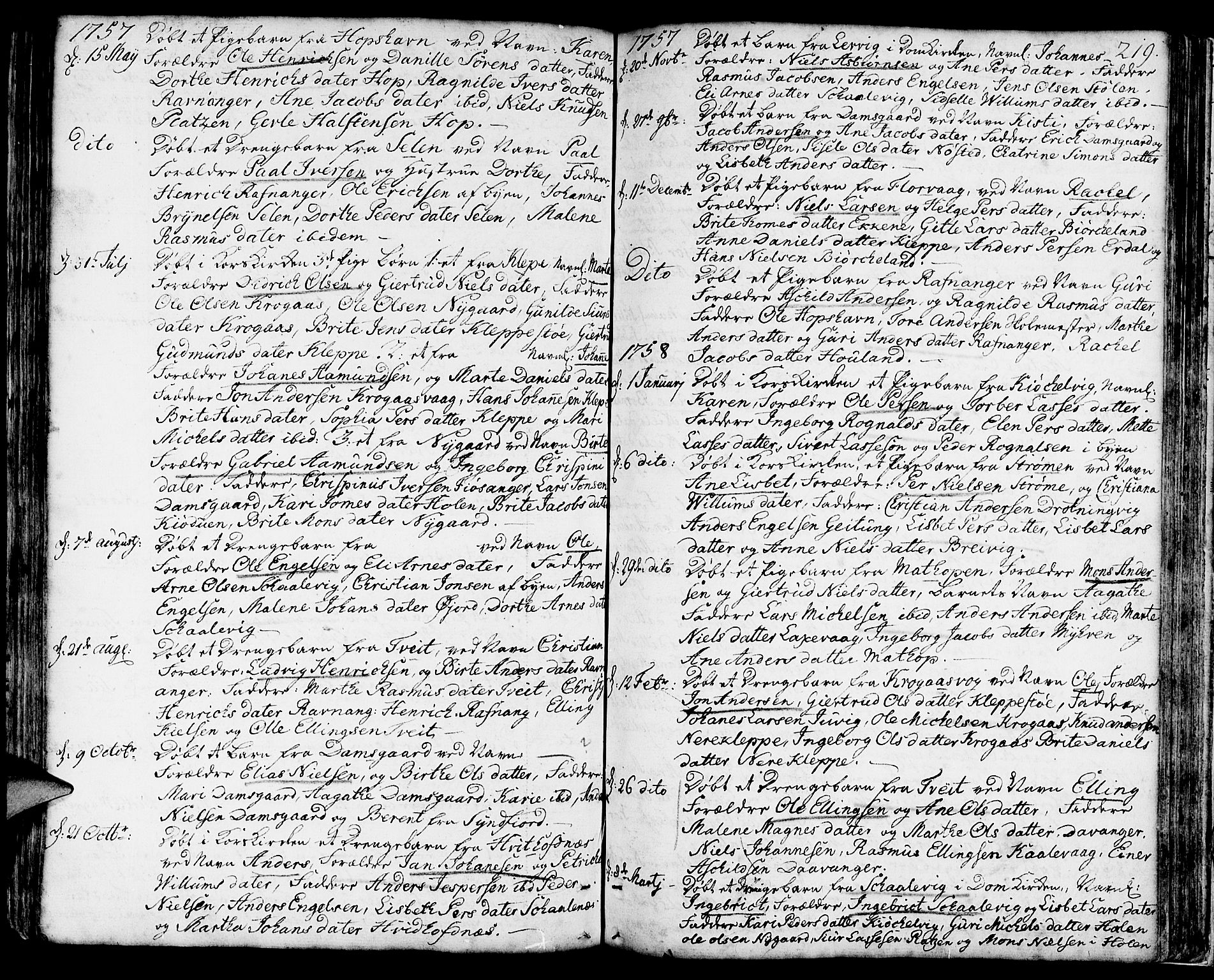 Askøy Sokneprestembete, AV/SAB-A-74101/H/Ha/Haa/Haaa/L0001: Ministerialbok nr. A 1, 1742-1818, s. 219
