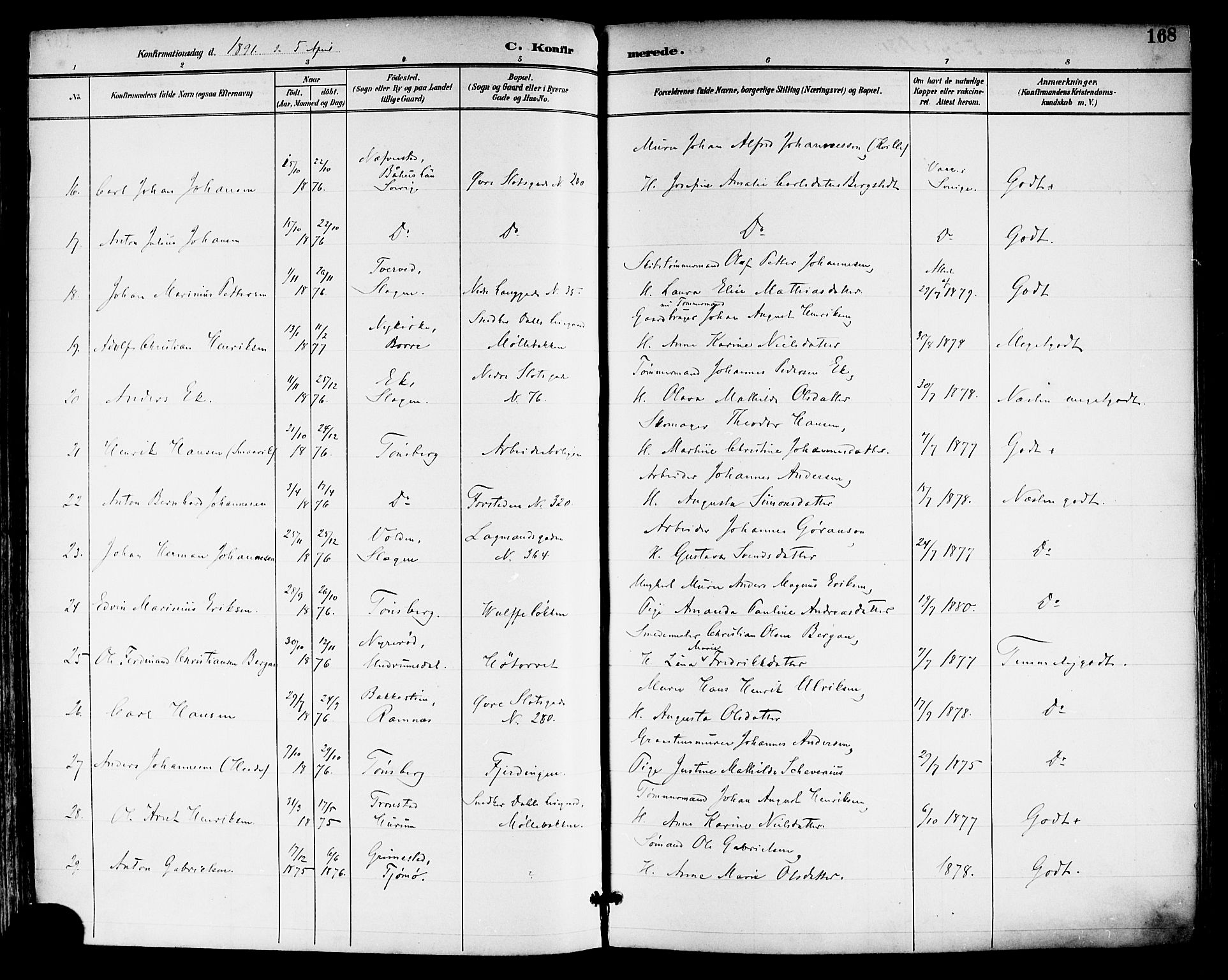 Tønsberg kirkebøker, AV/SAKO-A-330/F/Fa/L0012: Ministerialbok nr. I 12, 1891-1899, s. 168