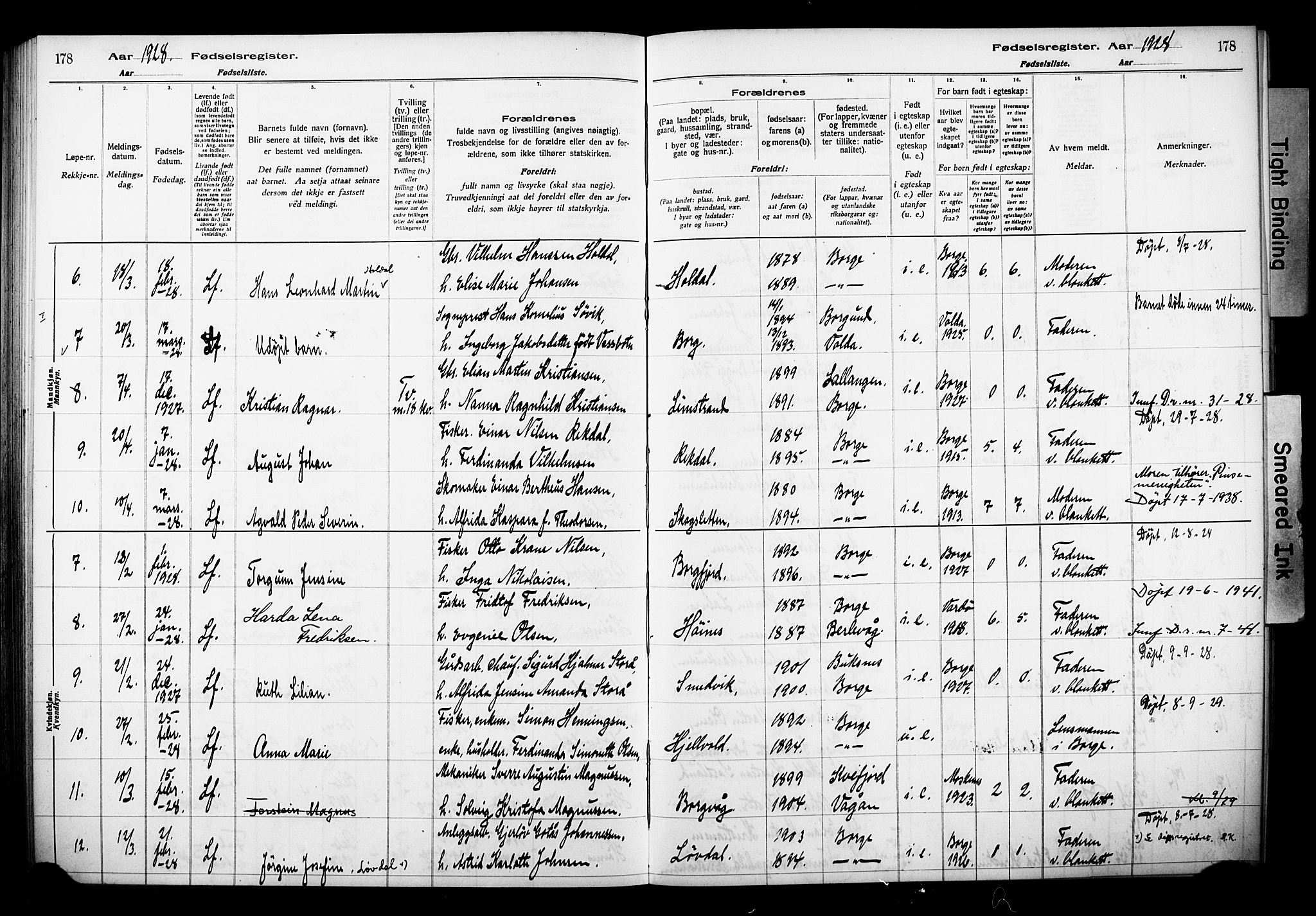 Ministerialprotokoller, klokkerbøker og fødselsregistre - Nordland, AV/SAT-A-1459/880/L1145: Fødselsregister nr. 880.II.4.1, 1916-1929, s. 178