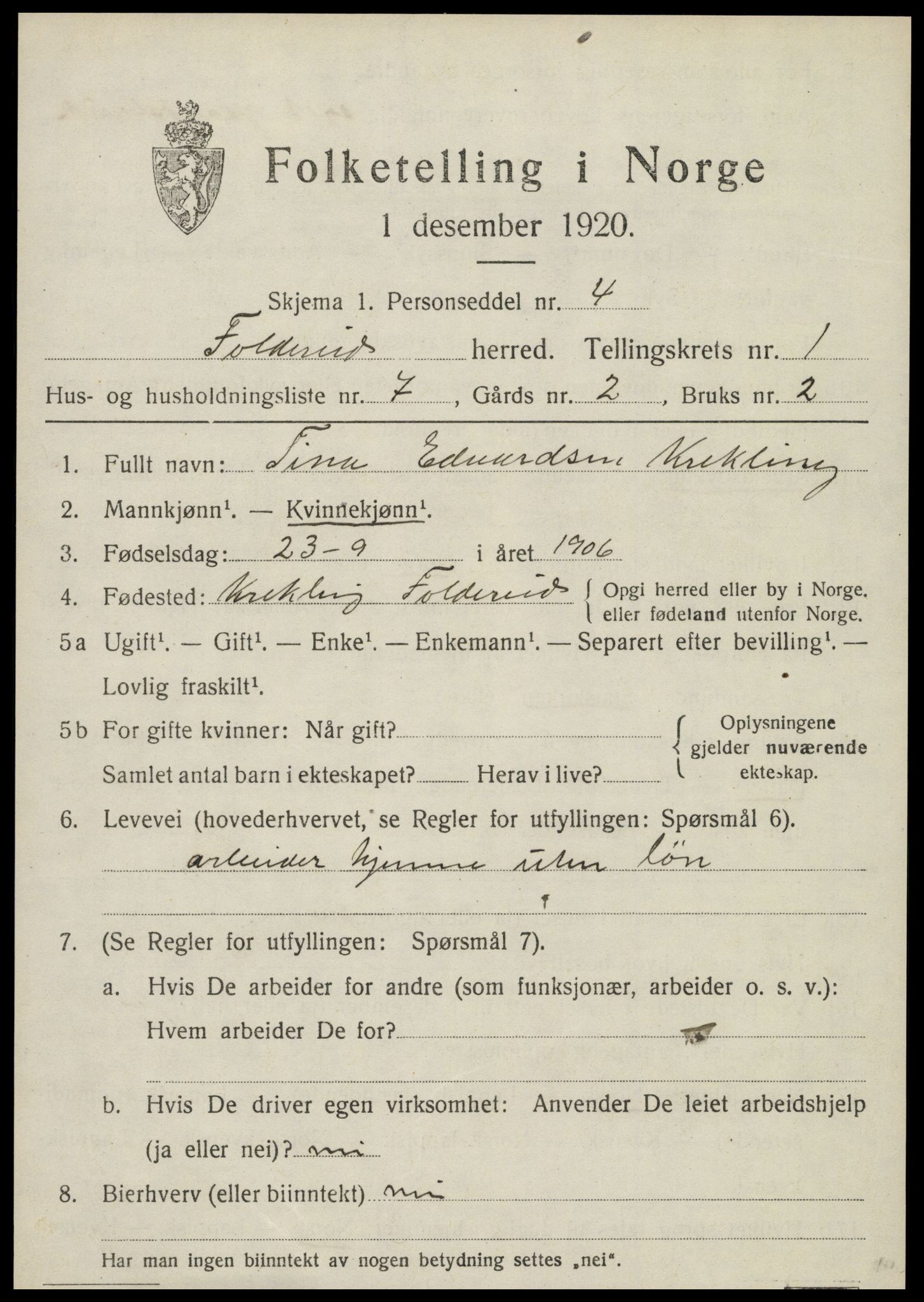 SAT, Folketelling 1920 for 1753 Foldereid herred, 1920, s. 460
