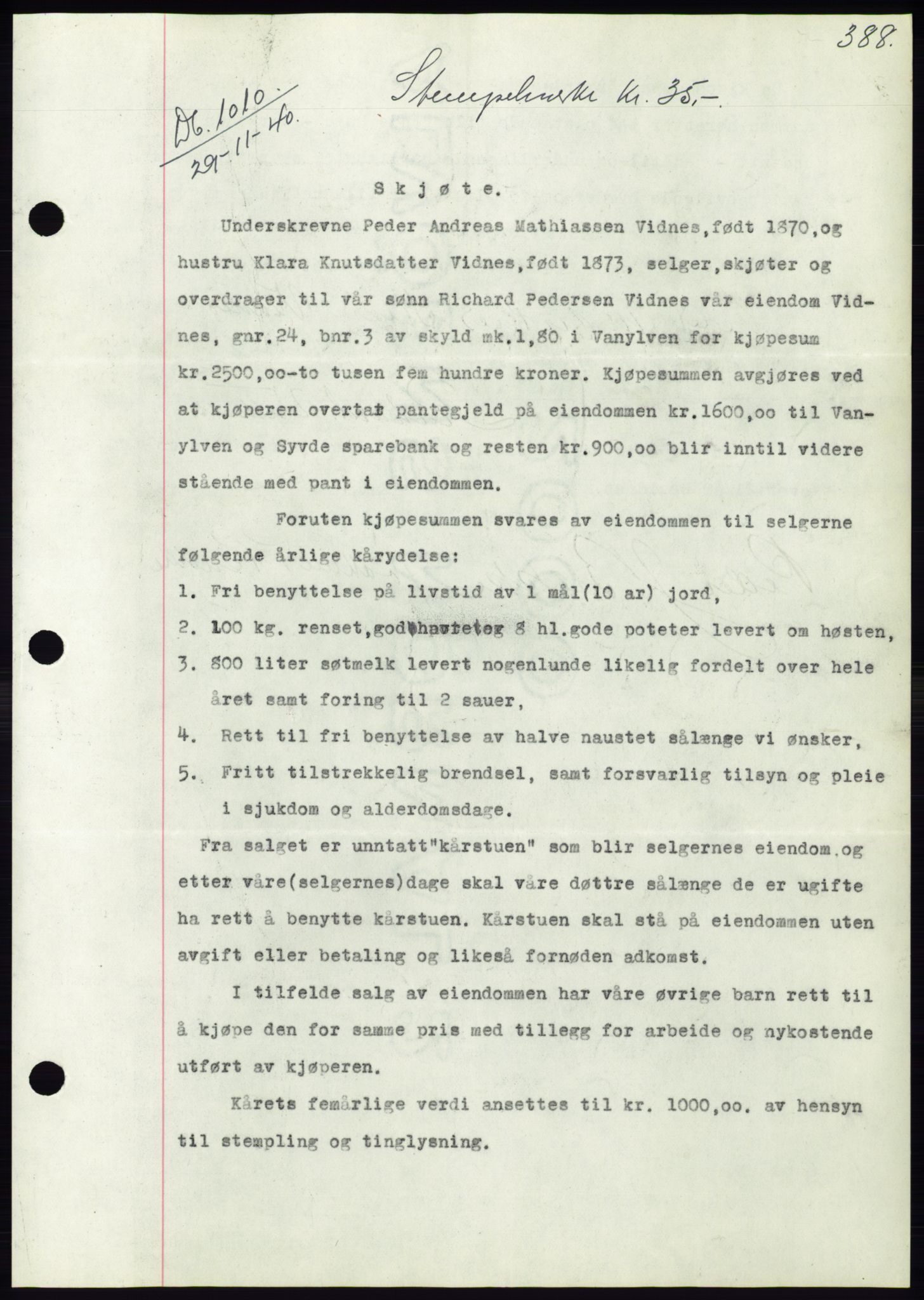 Søre Sunnmøre sorenskriveri, SAT/A-4122/1/2/2C/L0070: Pantebok nr. 64, 1940-1941, Dagboknr: 1010/1940