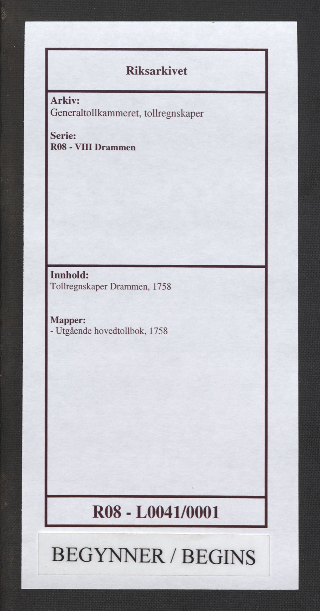 Generaltollkammeret, tollregnskaper, RA/EA-5490/R08/L0041/0001: Tollregnskaper Drammen / Utgående hovedtollbok, 1758