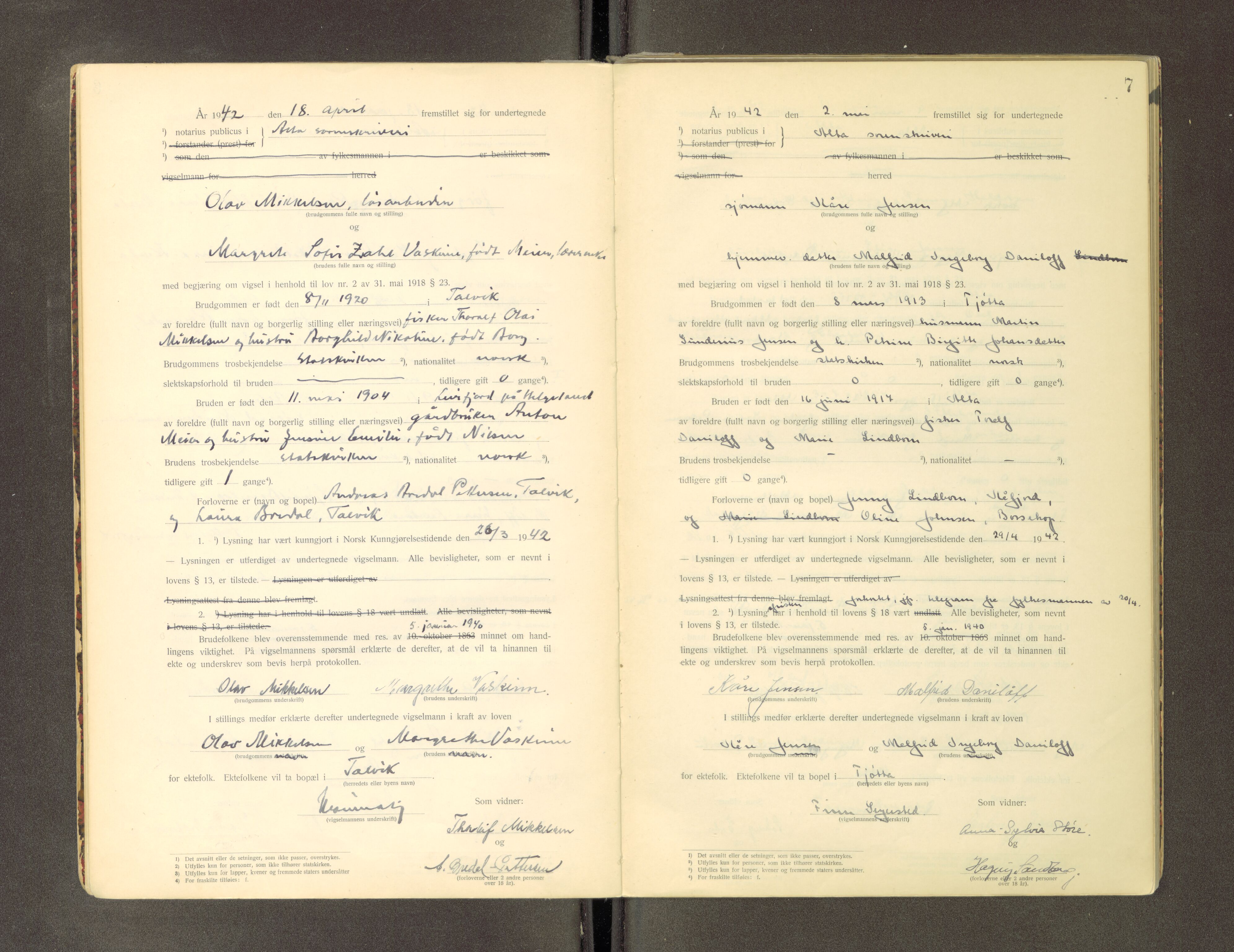 Alta fogderi/sorenskriveri, AV/SATØ-SATØ-5/3/Fd/L0034f: Vigselsprotokoll, 1920-1969, s. 7