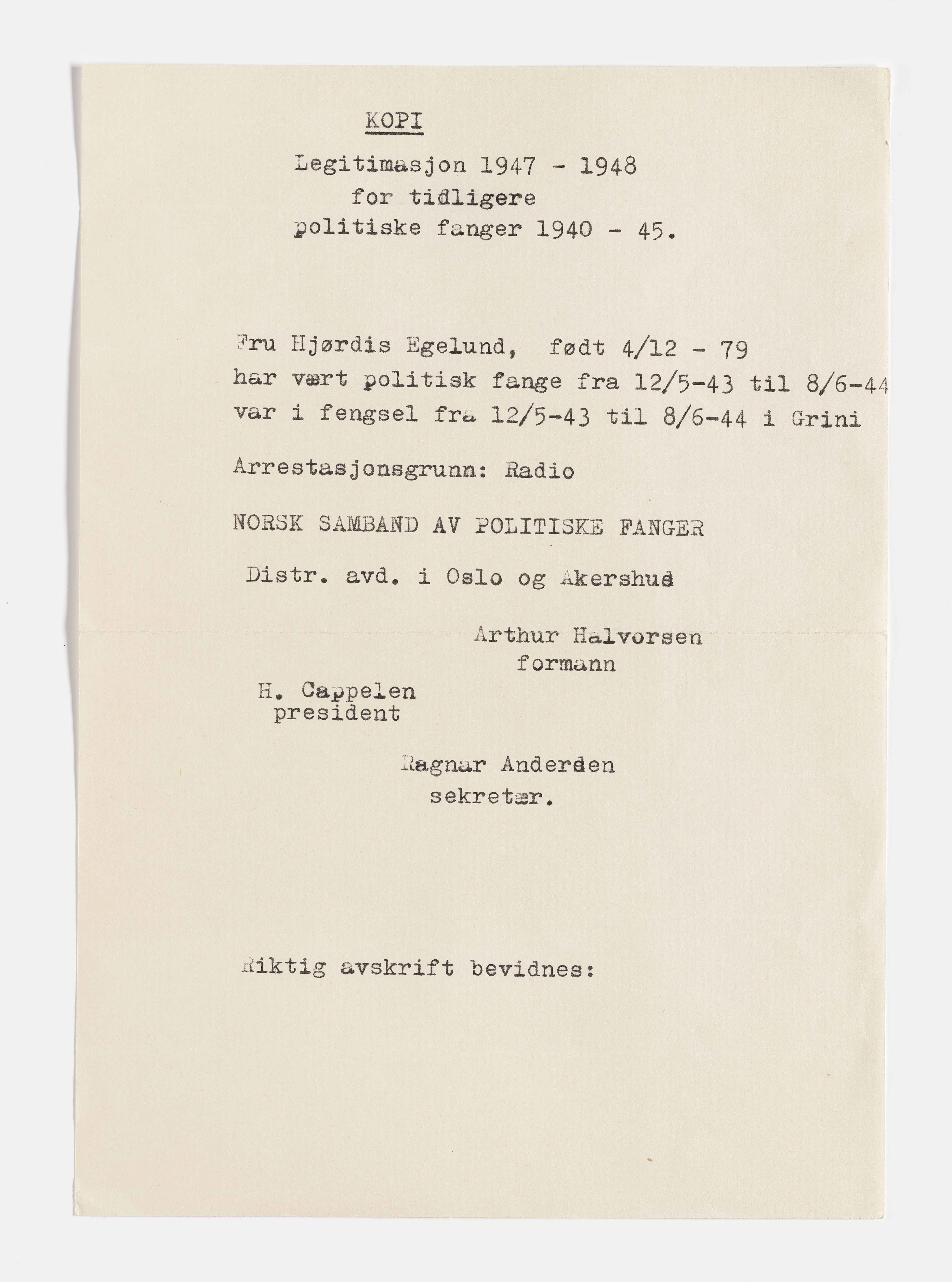 Hjørdis Helene Egelund, AFM/GRI-1003/D/Da/L0001/0007: Brev og dokumenter / Legitimasjon, 1947-1948