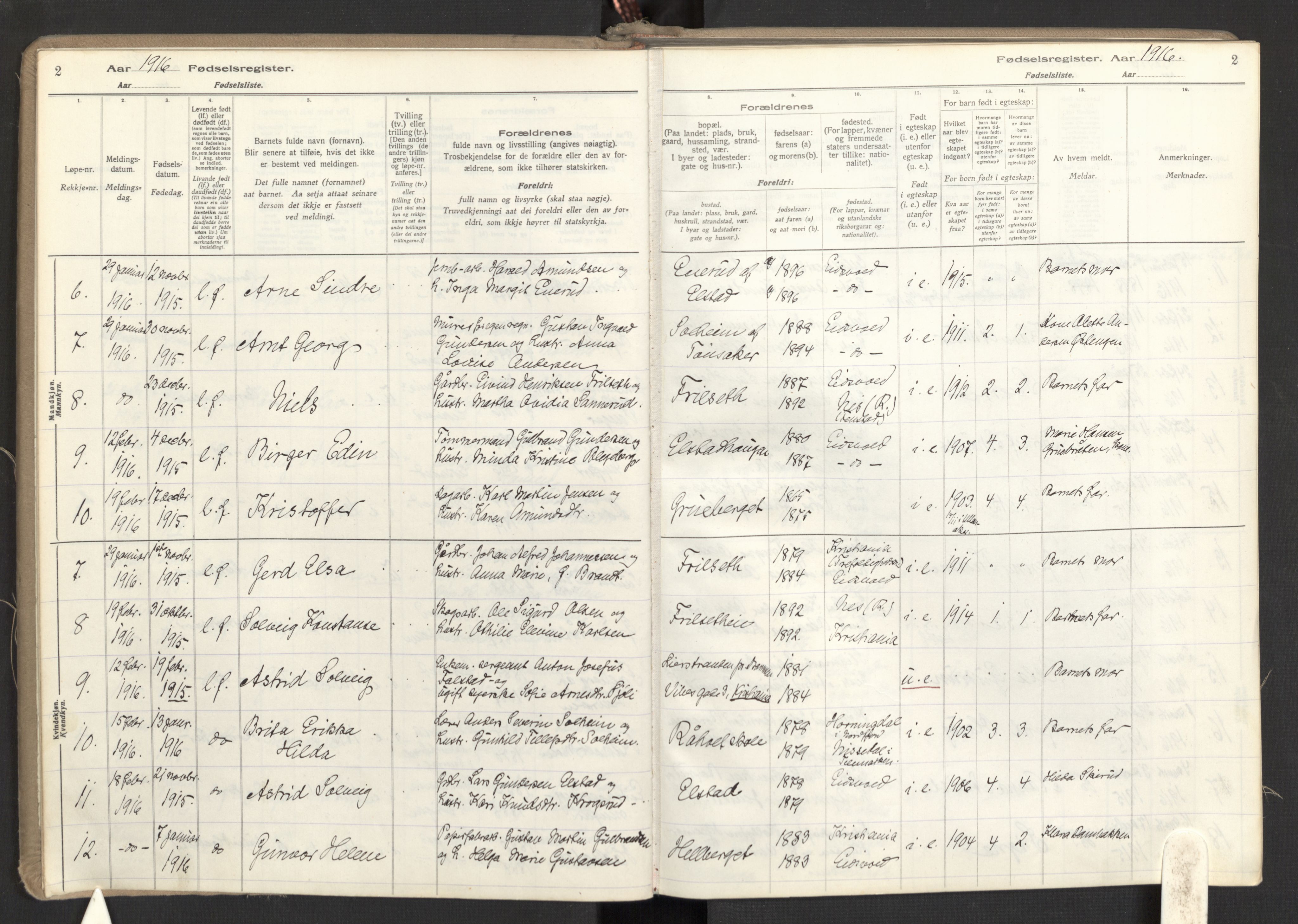 Eidsvoll prestekontor Kirkebøker, AV/SAO-A-10888/J/Ja/L0001: Fødselsregister nr. I 1, 1916-1924, s. 2