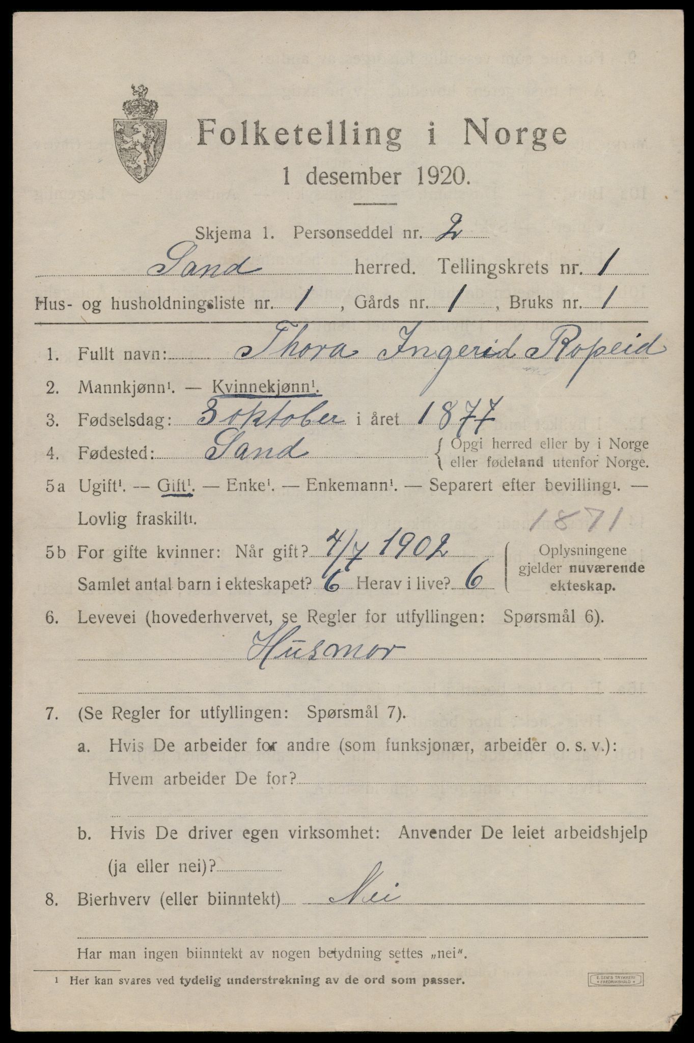 SAST, Folketelling 1920 for 1136 Sand herred, 1920, s. 595