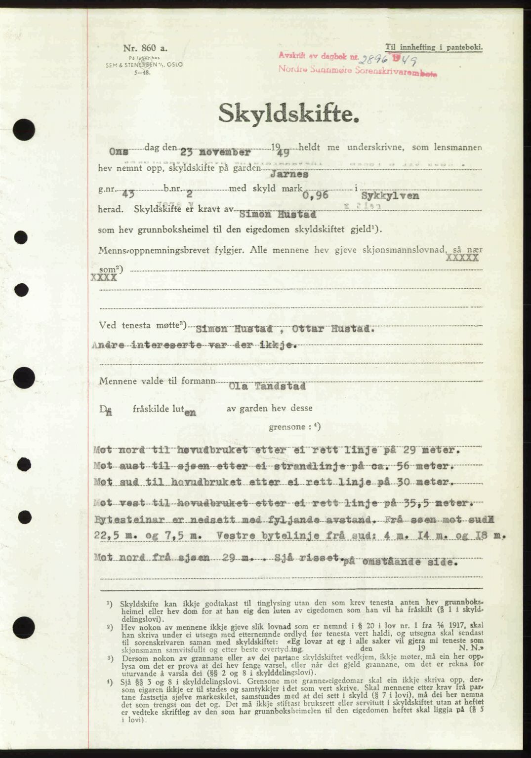 Nordre Sunnmøre sorenskriveri, SAT/A-0006/1/2/2C/2Ca: Pantebok nr. A33, 1949-1950, Dagboknr: 2896/1949