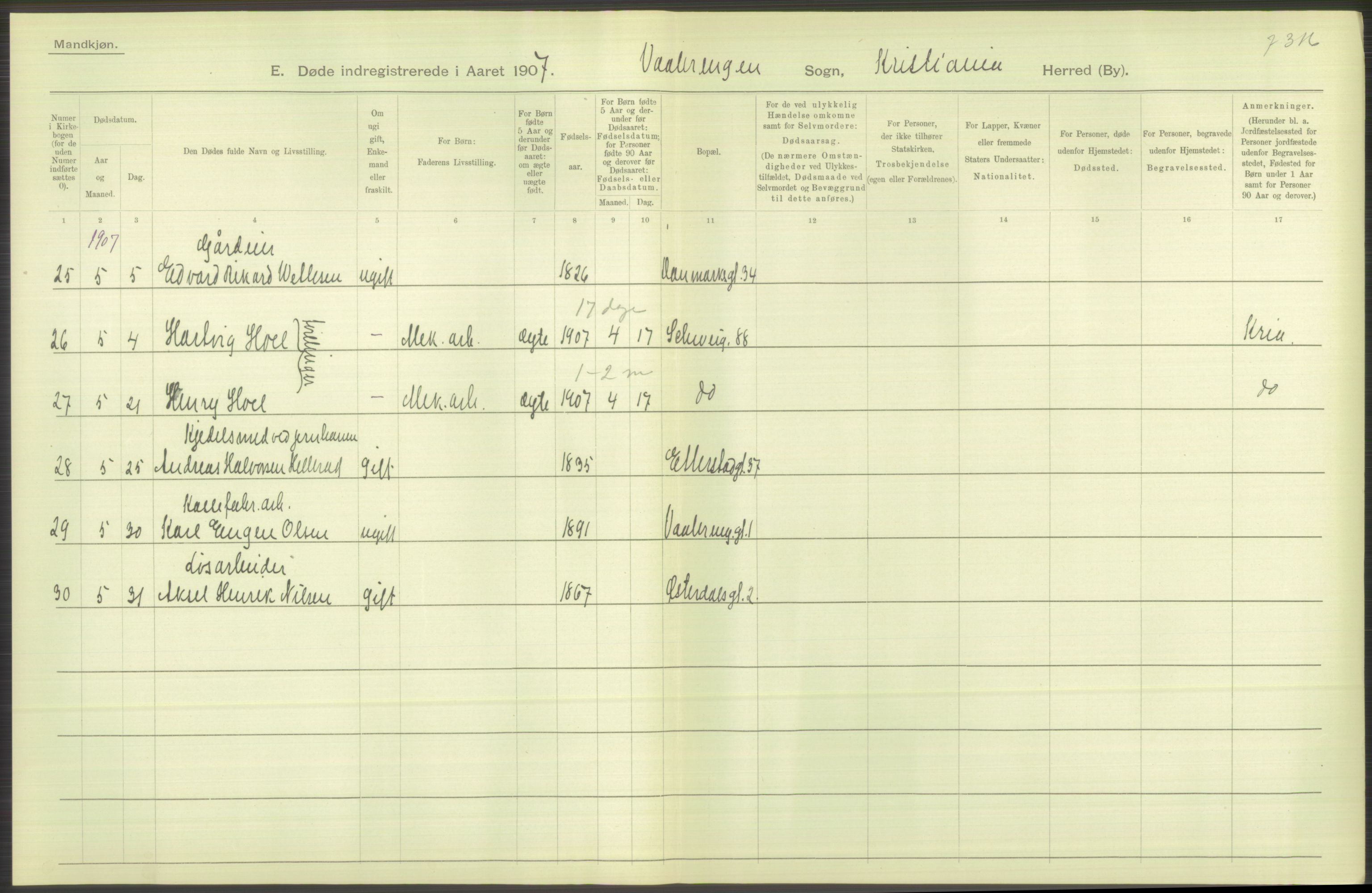 Statistisk sentralbyrå, Sosiodemografiske emner, Befolkning, RA/S-2228/D/Df/Dfa/Dfae/L0009: Kristiania: Døde, 1907, s. 100