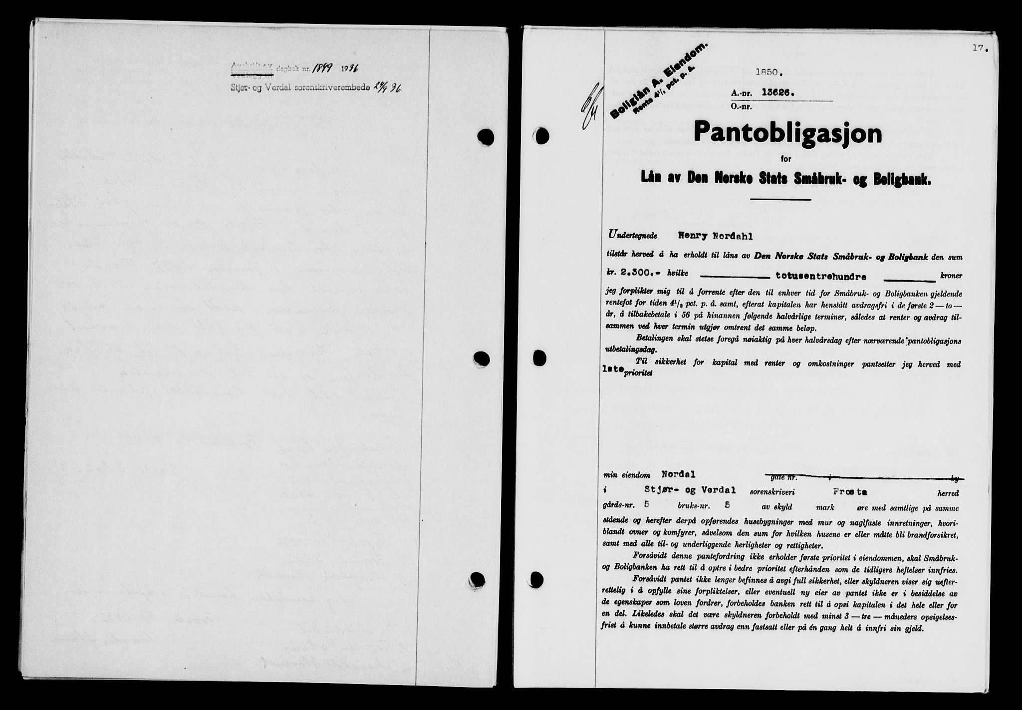Stjør- og Verdal sorenskriveri, SAT/A-4167/1/2/2C/L0078: Pantebok nr. 46, 1936-1937, Dagboknr: 1850/1936