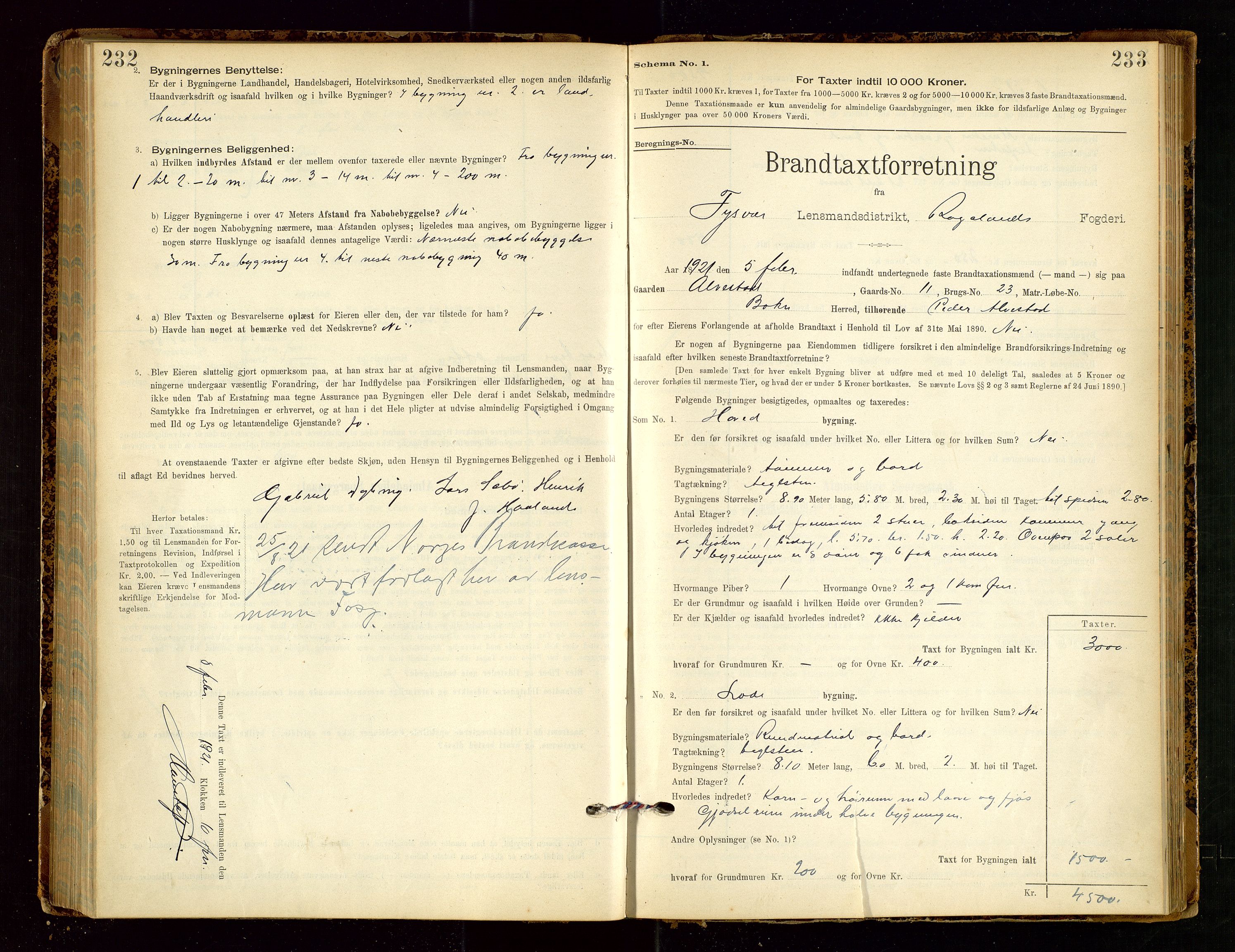 Tysvær lensmannskontor, AV/SAST-A-100192/Gob/L0002: "Brandtakstprotokol for Lensmanden i Tysvær", 1901-1932, s. 232-233