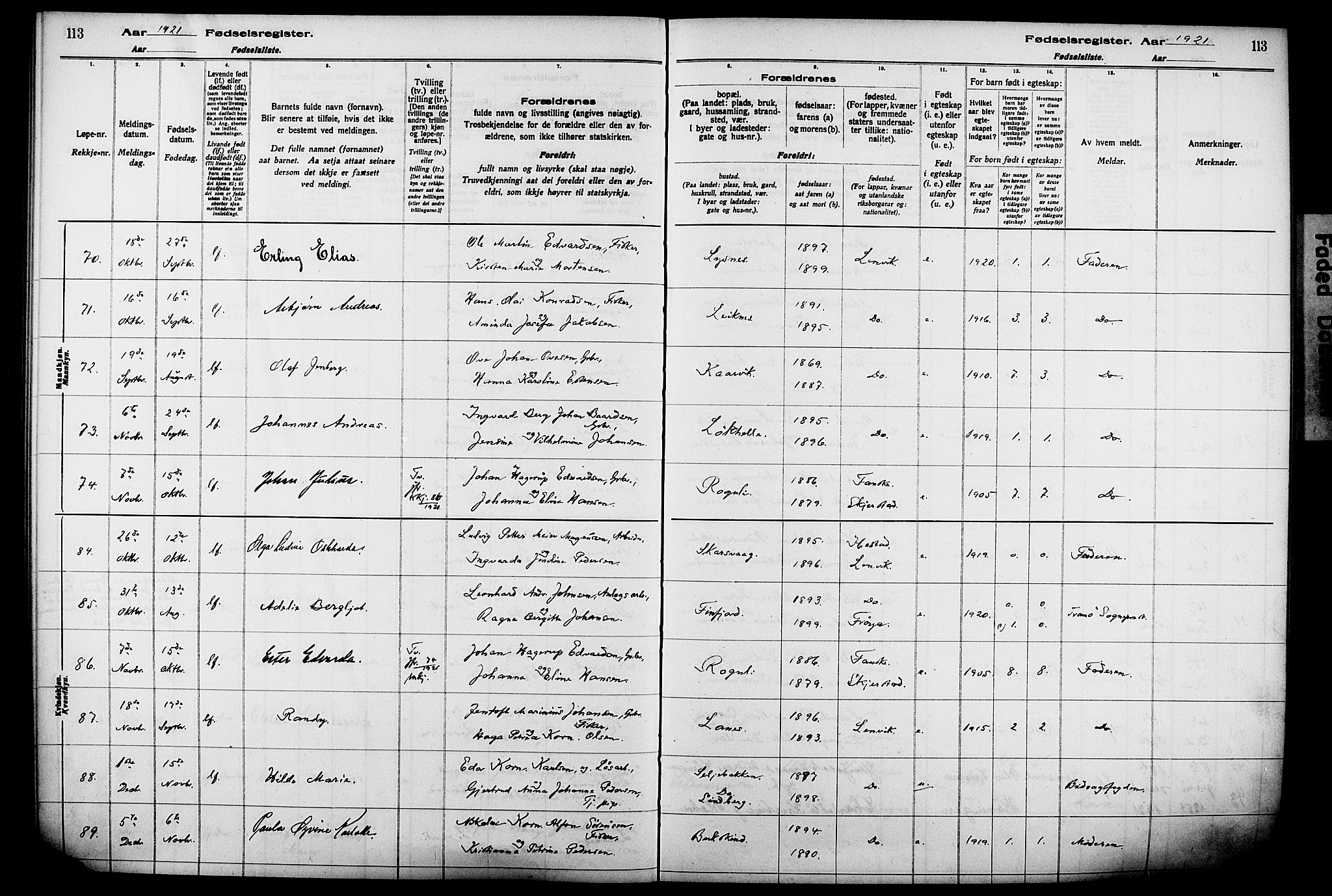 Lenvik sokneprestembete, SATØ/S-1310/I/Ic/L0089: Fødselsregister nr. 89, 1916-1926, s. 113