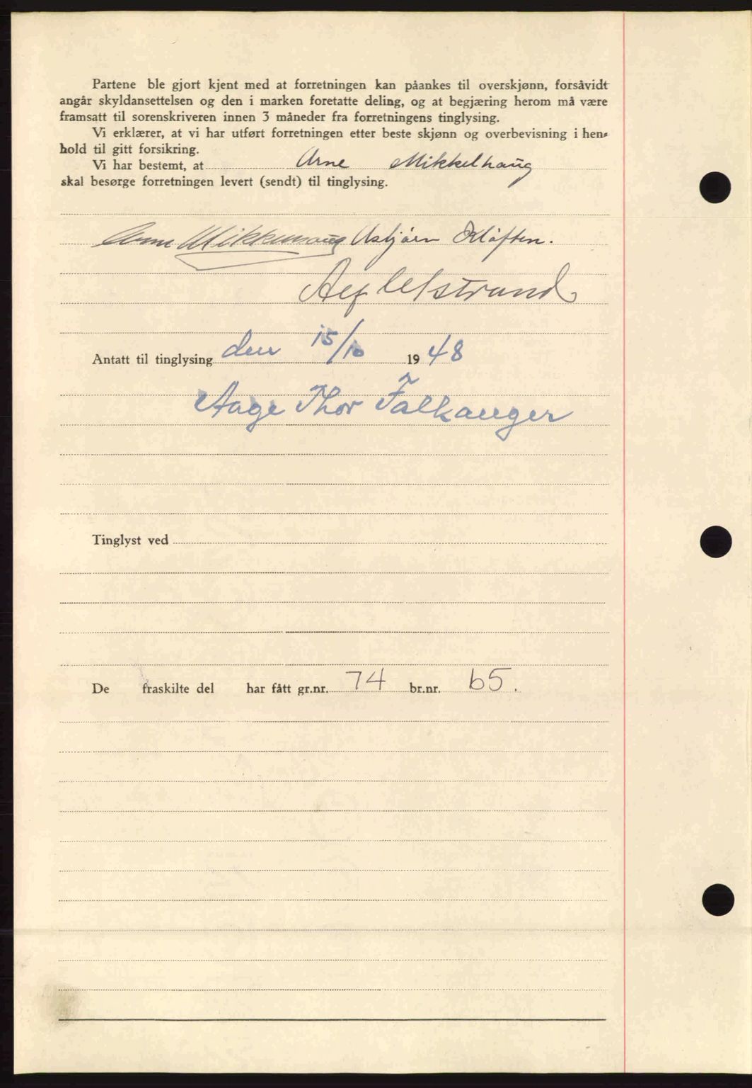 Fosen sorenskriveri, AV/SAT-A-1107/1/2/2C: Pantebok nr. A8, 1948-1948, Dagboknr: 1502/1948