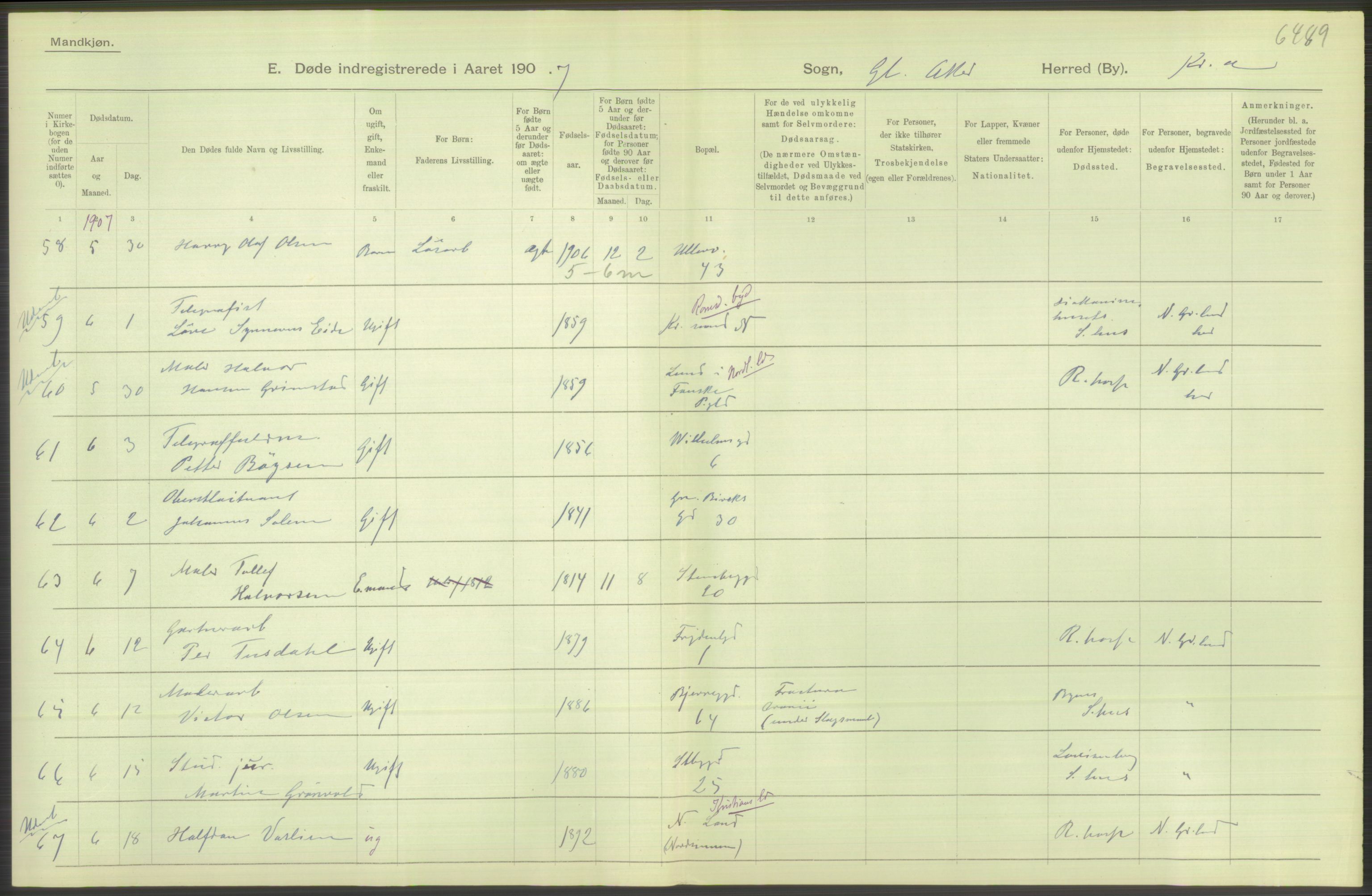 Statistisk sentralbyrå, Sosiodemografiske emner, Befolkning, AV/RA-S-2228/D/Df/Dfa/Dfae/L0010: Kristiania: Døde, dødfødte, 1907, s. 580