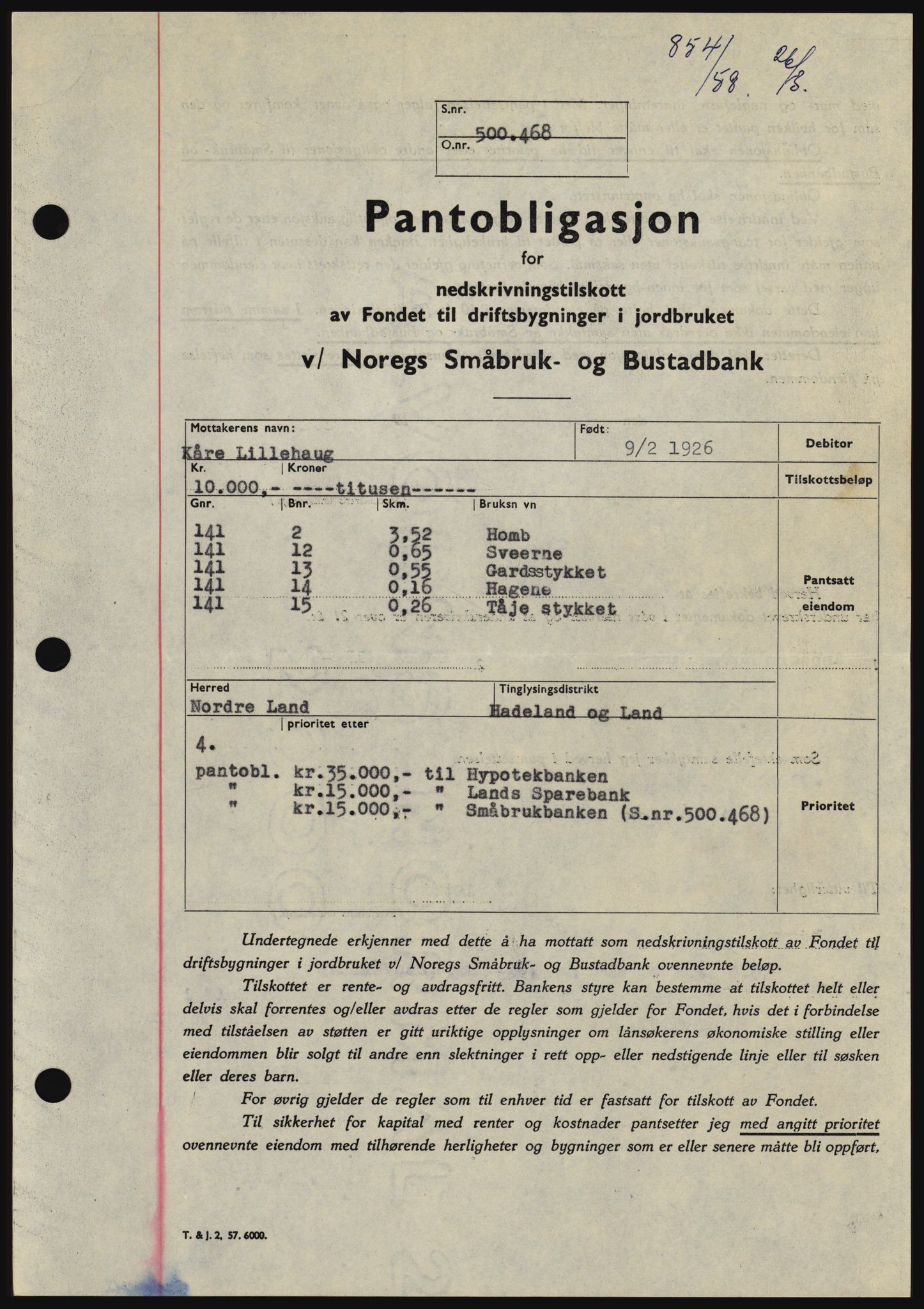 Hadeland og Land tingrett, SAH/TING-010/H/Hb/Hbc/L0038: Pantebok nr. B38, 1958-1958, Dagboknr: 854/1958