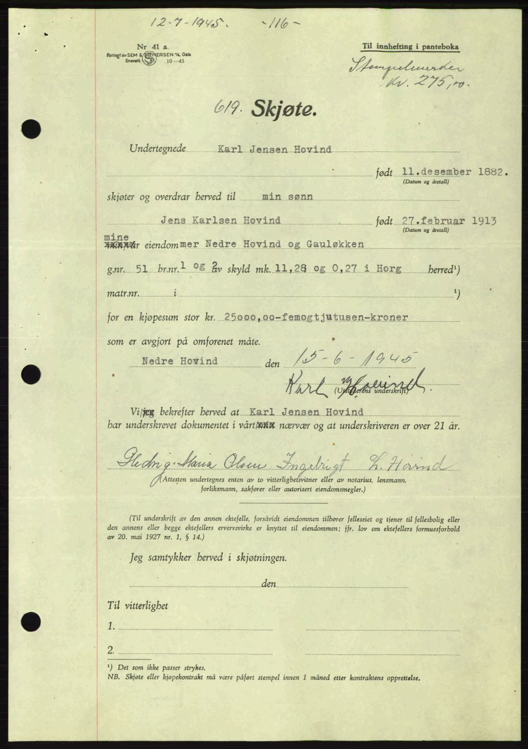 Gauldal sorenskriveri, SAT/A-0014/1/2/2C: Pantebok nr. A1a, 1945-1945, Dagboknr: 619/1945