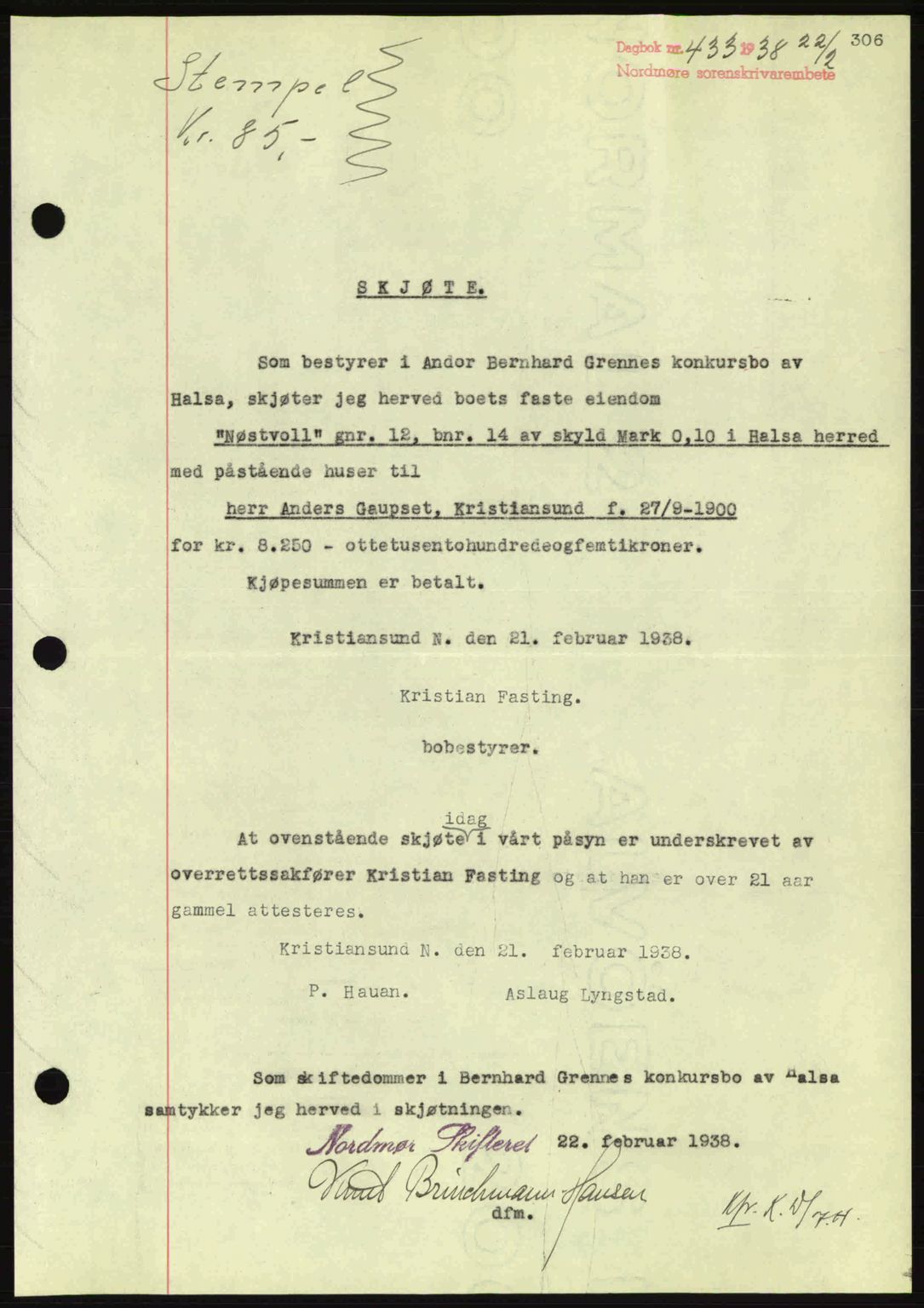 Nordmøre sorenskriveri, SAT/A-4132/1/2/2Ca: Pantebok nr. A83, 1938-1938, Dagboknr: 433/1938