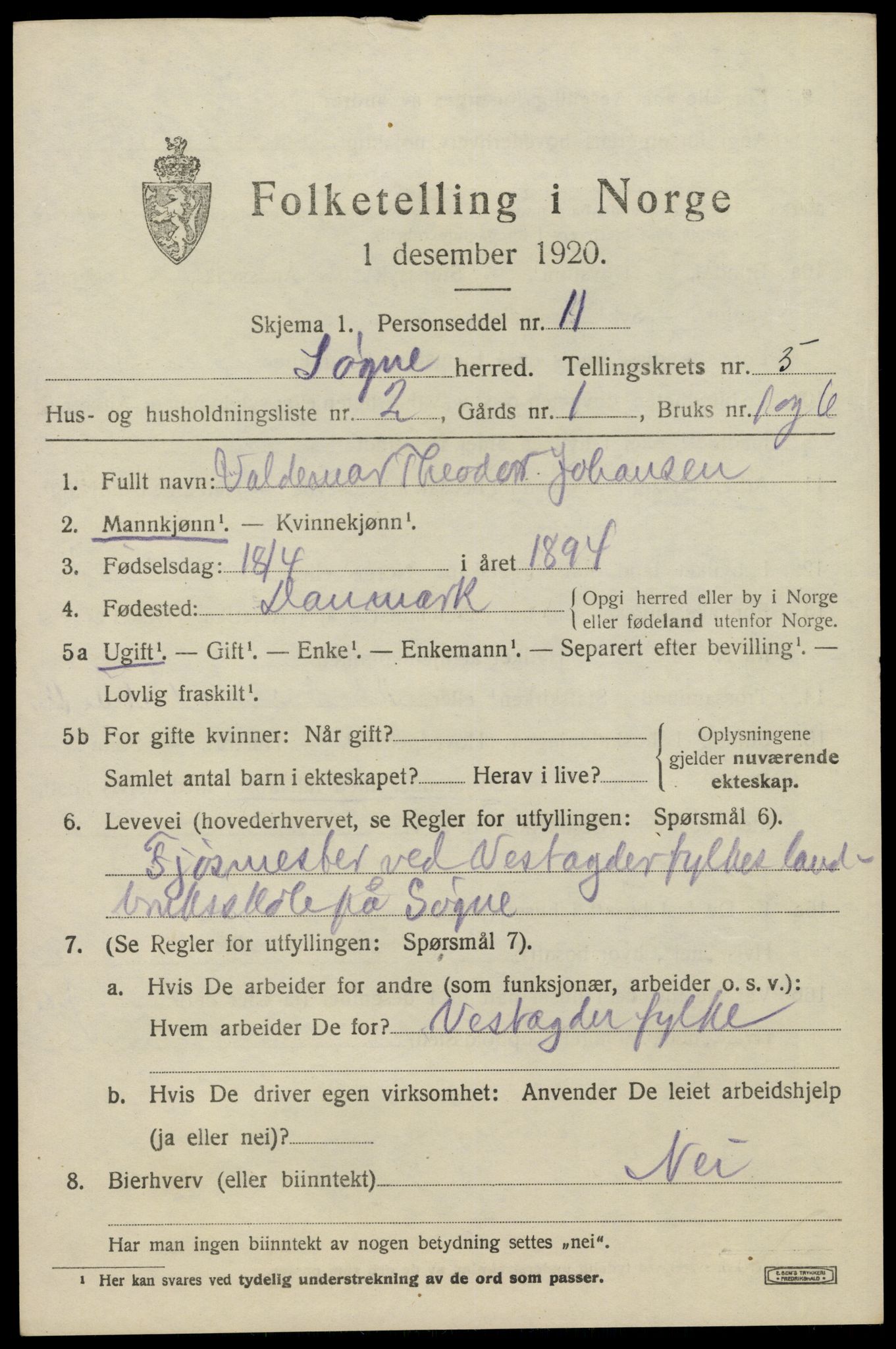 SAK, Folketelling 1920 for 1018 Søgne herred, 1920, s. 2201