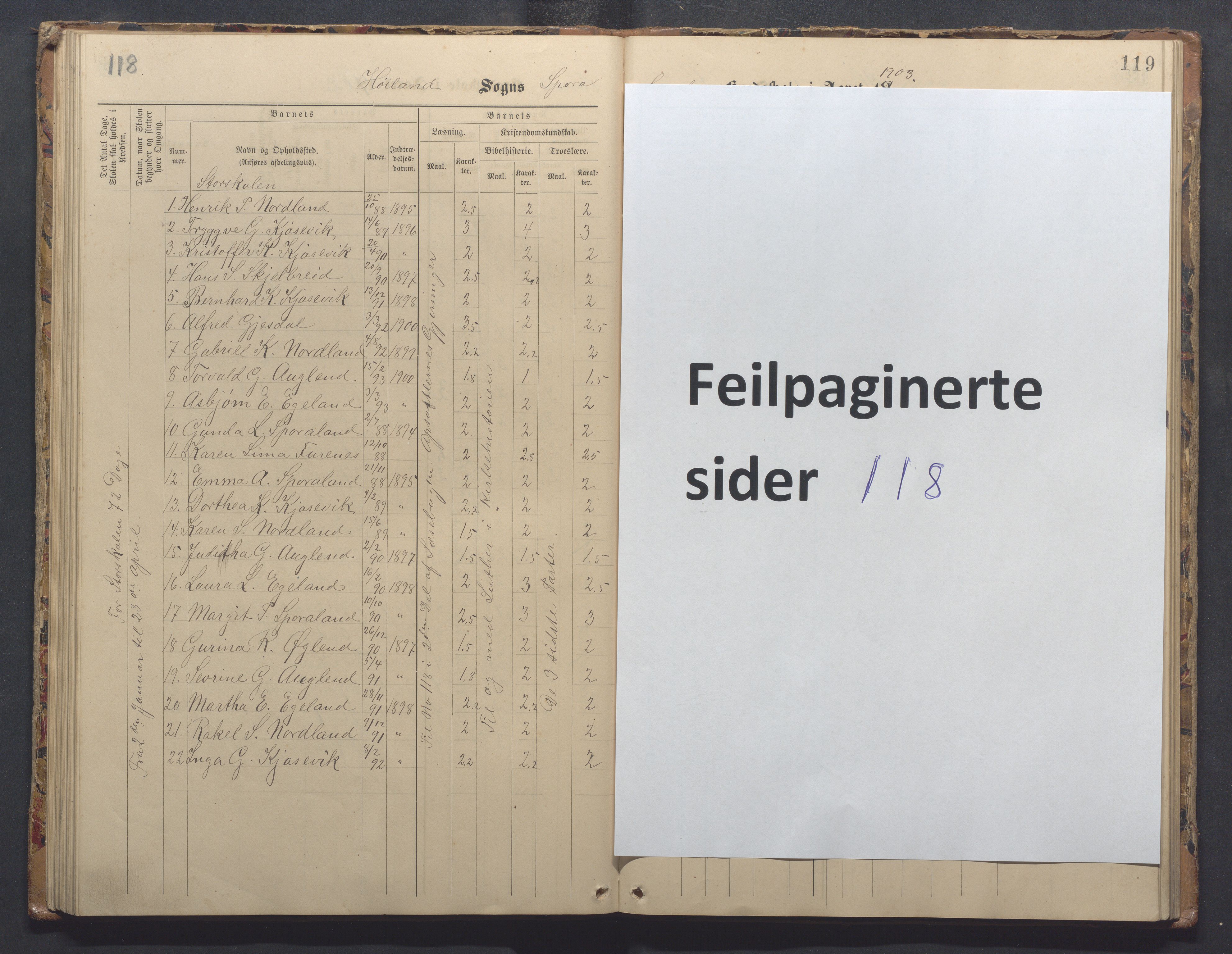 Høyland kommune - Sporaland skole, IKAR/K-100085/E/L0003: Skoleprotokoll, 1888-1910, s. 118-119