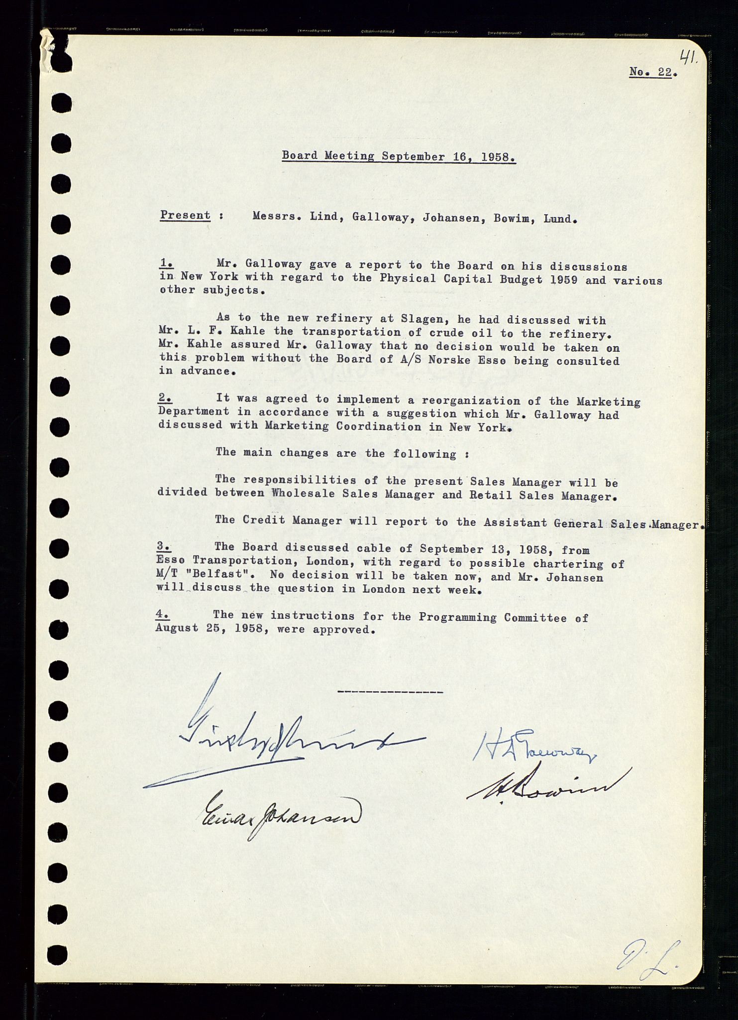 Pa 0982 - Esso Norge A/S, AV/SAST-A-100448/A/Aa/L0001/0001: Den administrerende direksjon Board minutes (styrereferater) / Den administrerende direksjon Board minutes (styrereferater), 1958-1959, s. 41