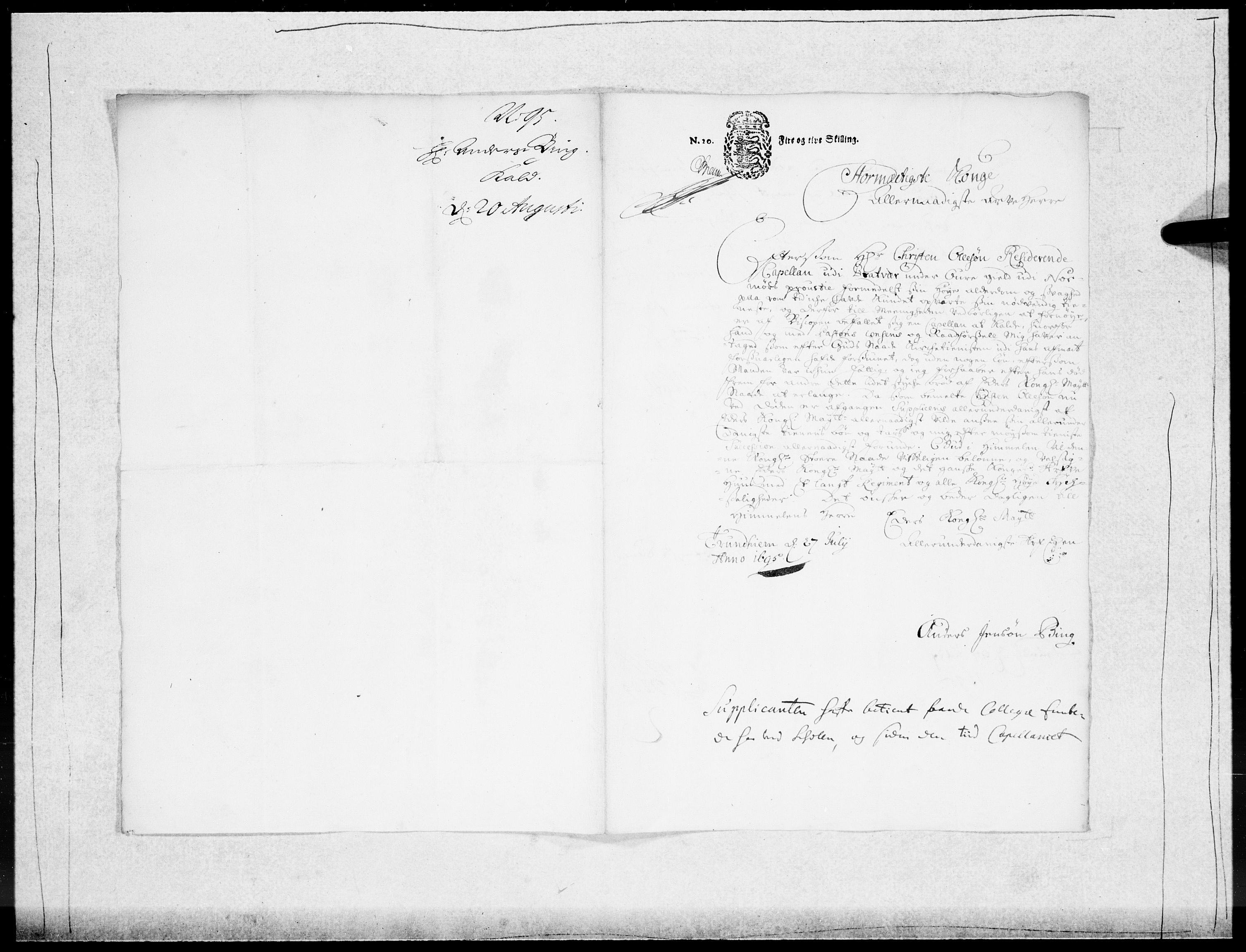 Danske Kanselli 1572-1799, AV/RA-EA-3023/F/Fc/Fcc/Fcca/L0047: Norske innlegg 1572-1799, 1695-1697, s. 56