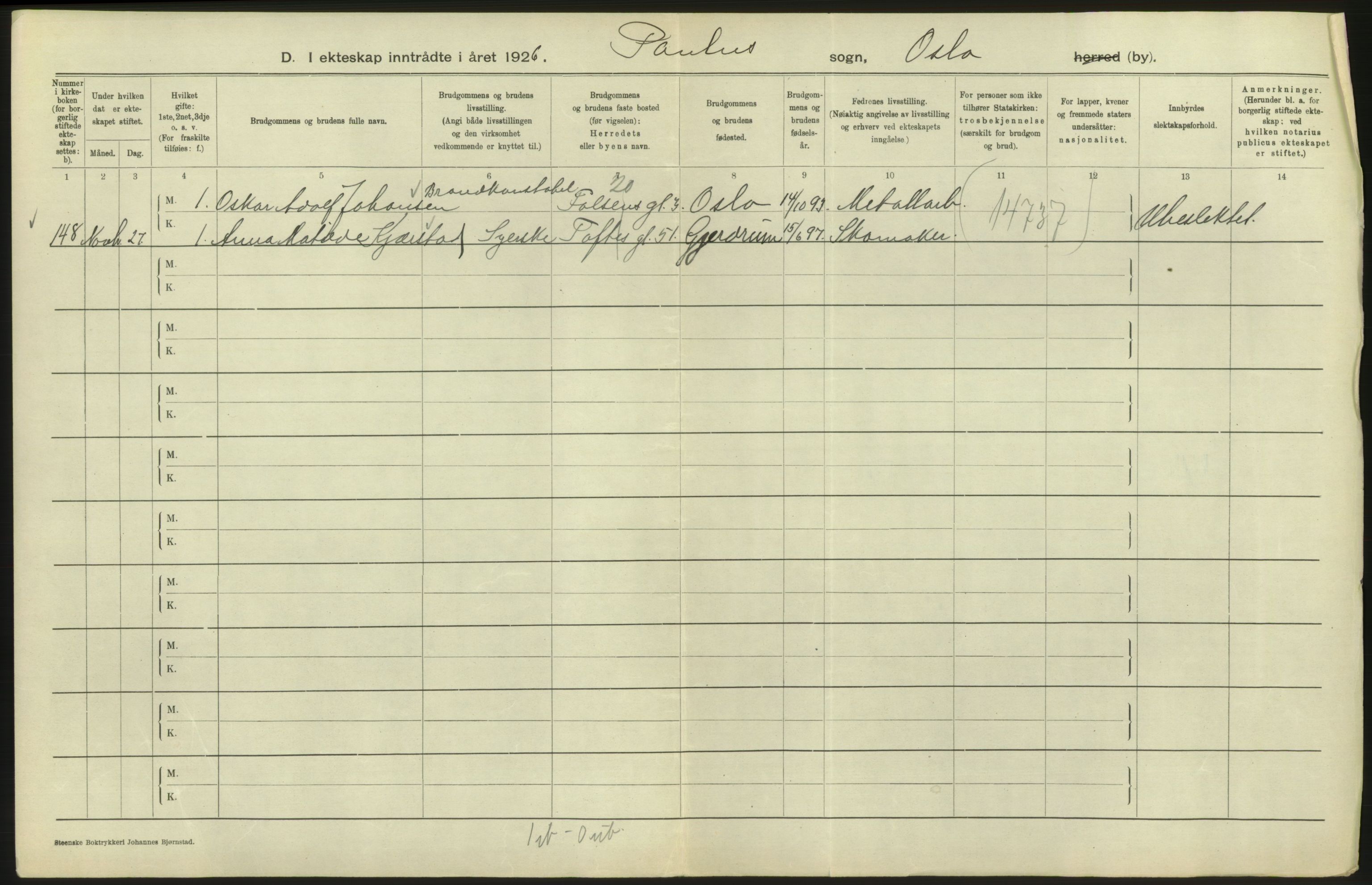 Statistisk sentralbyrå, Sosiodemografiske emner, Befolkning, AV/RA-S-2228/D/Df/Dfc/Dfcf/L0008: Oslo: Gifte, 1926, s. 274