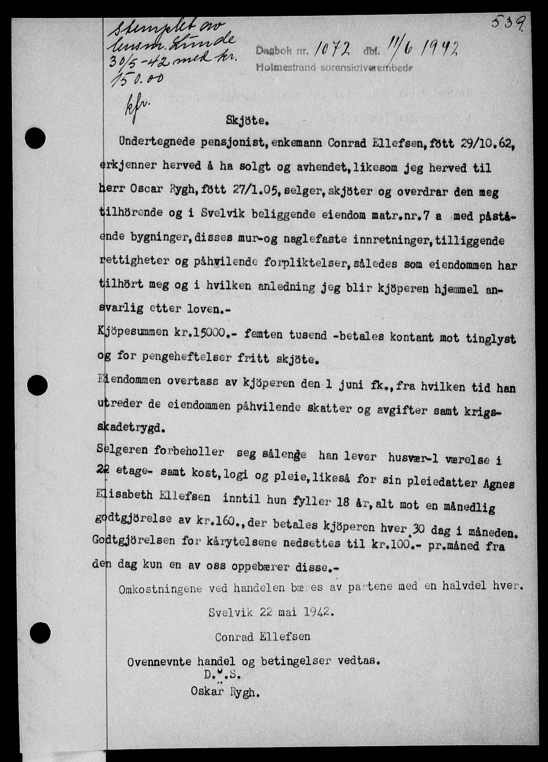 Holmestrand sorenskriveri, SAKO/A-67/G/Ga/Gaa/L0055: Pantebok nr. A-55, 1942-1942, Dagboknr: 1072/1942