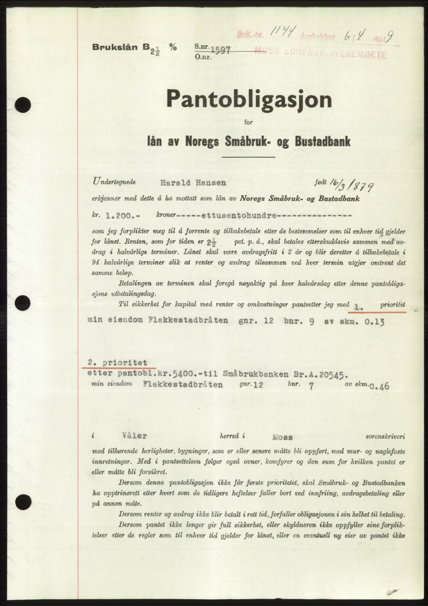 Moss sorenskriveri, SAO/A-10168: Pantebok nr. B21, 1949-1949, Dagboknr: 1144/1949