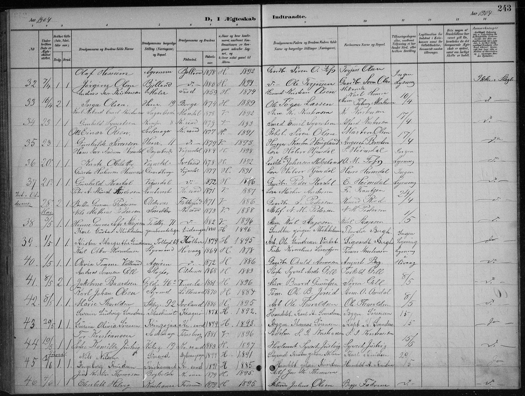 Kristiansand domprosti, AV/SAK-1112-0006/F/Fb/L0018: Klokkerbok nr. B 18, 1896-1905, s. 243