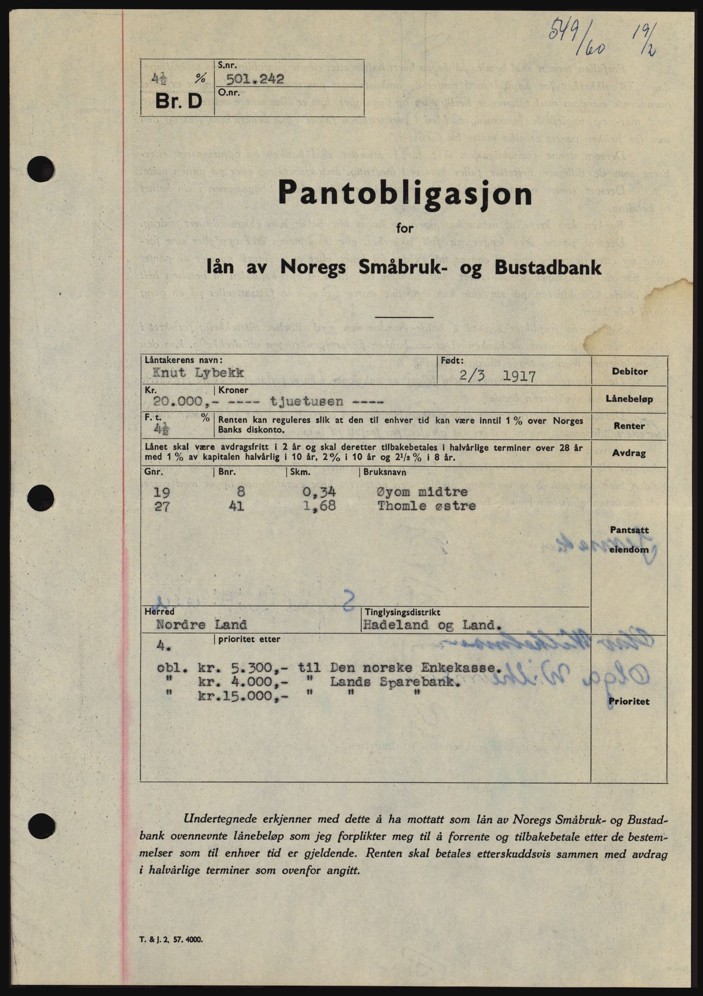 Hadeland og Land tingrett, SAH/TING-010/H/Hb/Hbc/L0042: Pantebok nr. B42, 1959-1960, Dagboknr: 549/1960