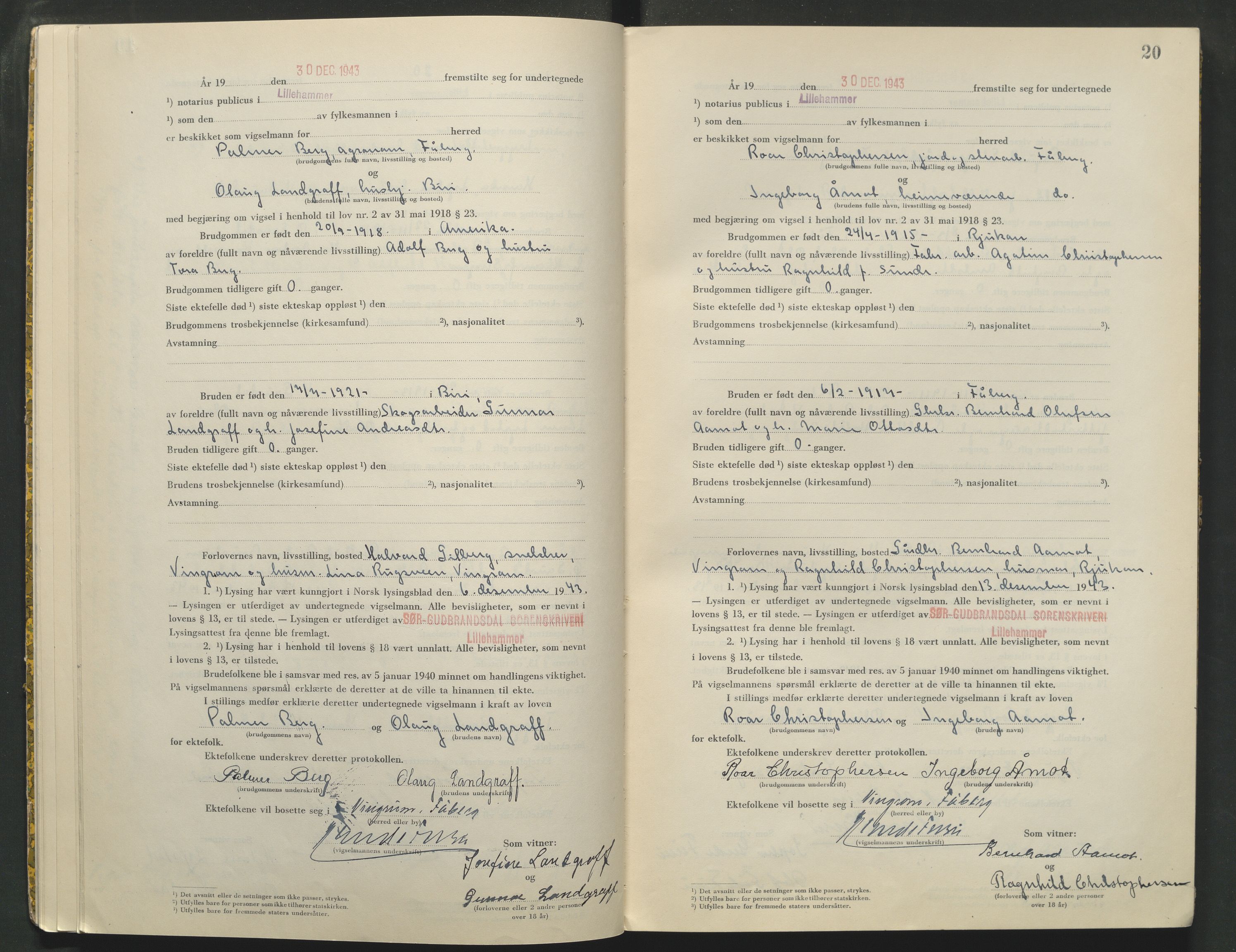 Sør-Gudbrandsdal tingrett, AV/SAH-TING-004/L/Lc/L0004: Vigselsprotokoll, 1943-1944, s. 20
