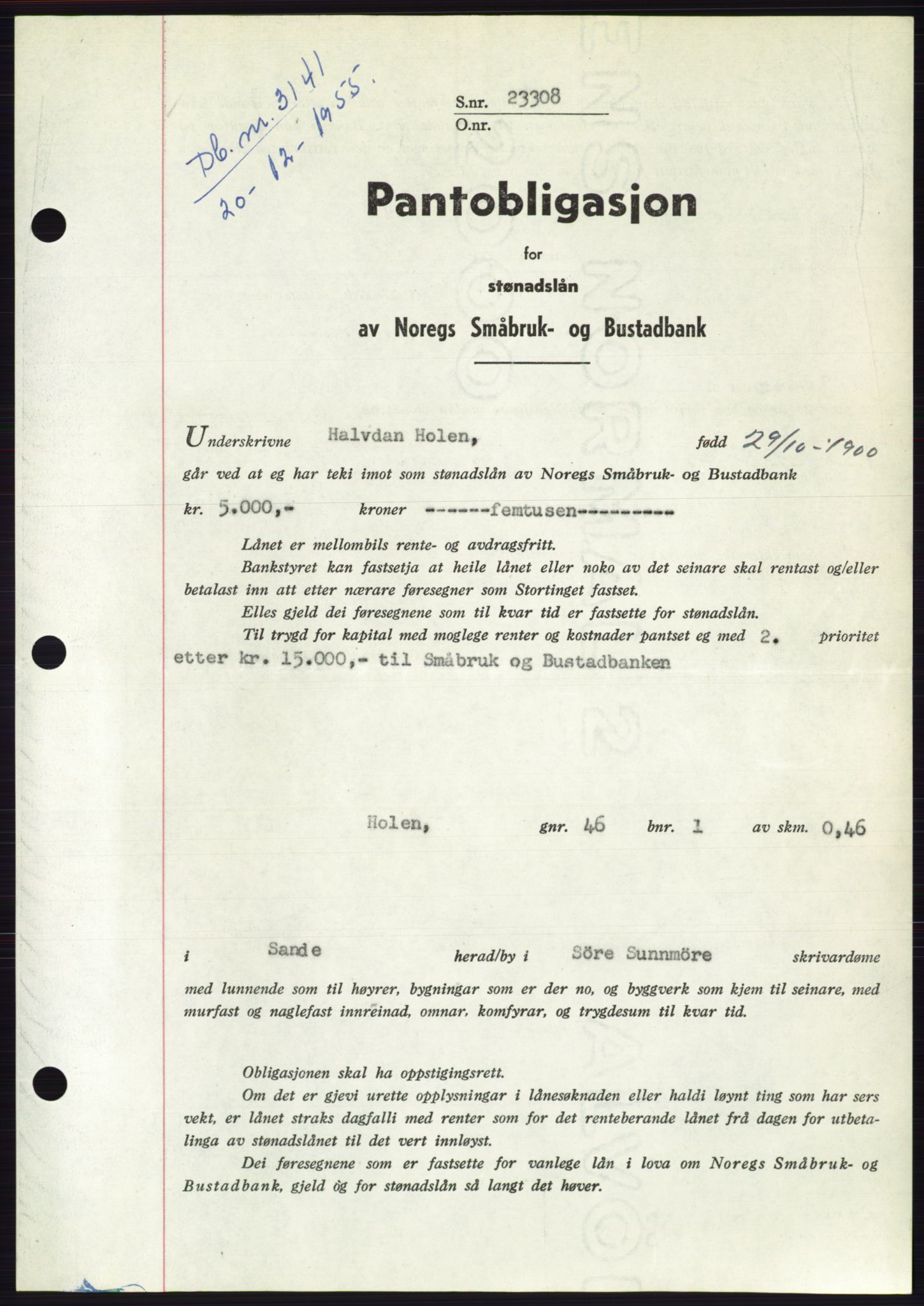 Søre Sunnmøre sorenskriveri, SAT/A-4122/1/2/2C/L0127: Pantebok nr. 15B, 1955-1955, Dagboknr: 3141/1955