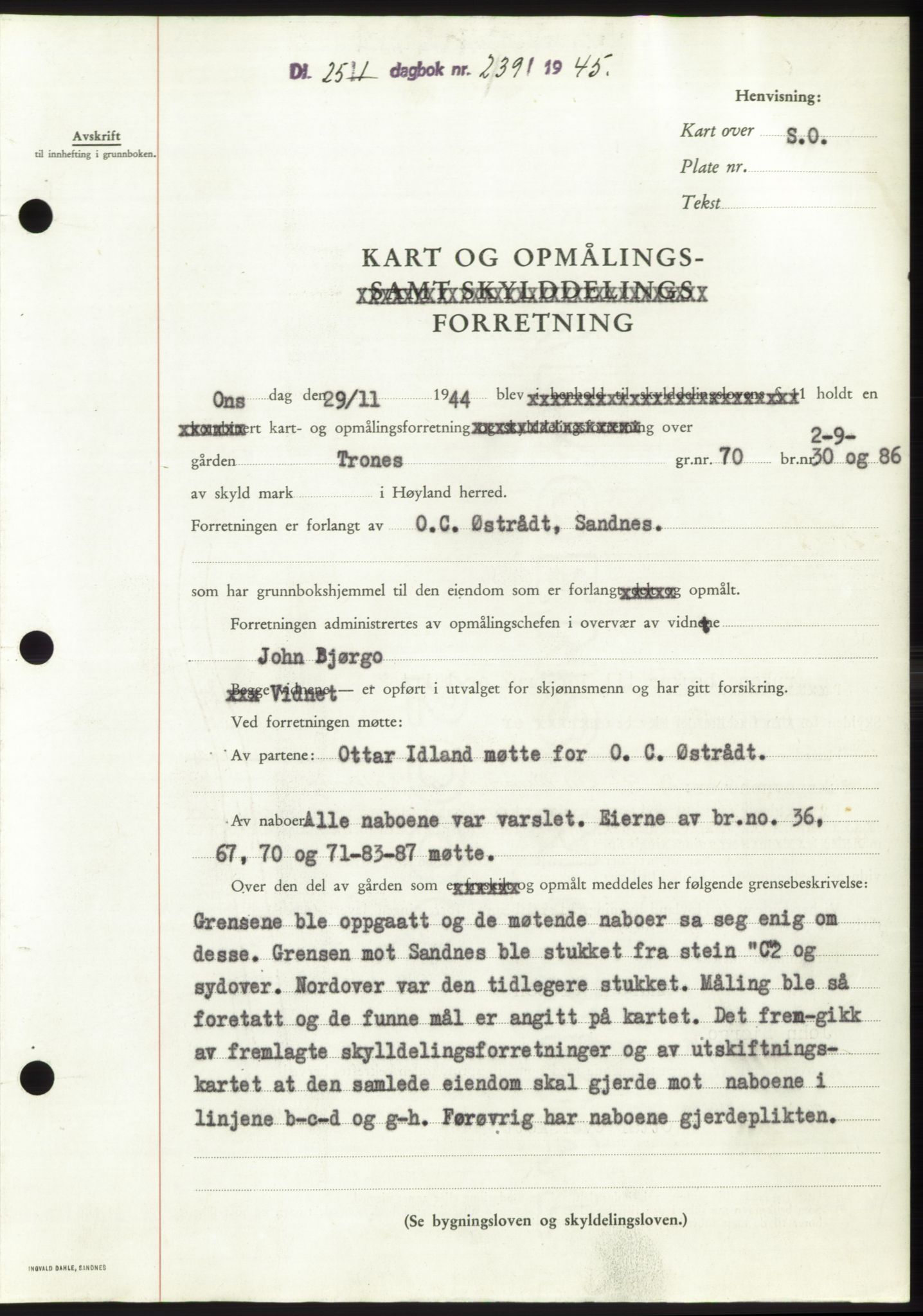Jæren sorenskriveri, SAST/A-100310/03/G/Gba/L0087: Pantebok, 1944-1945, Dagboknr: 239/1945