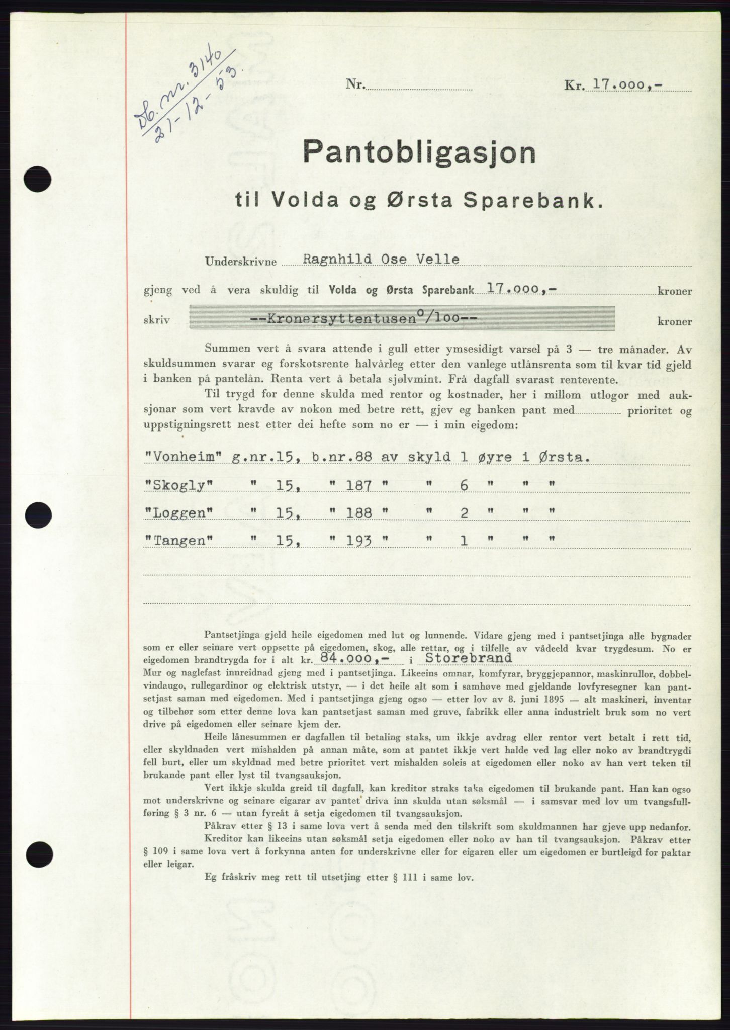 Søre Sunnmøre sorenskriveri, SAT/A-4122/1/2/2C/L0124: Pantebok nr. 12B, 1953-1954, Dagboknr: 3140/1953