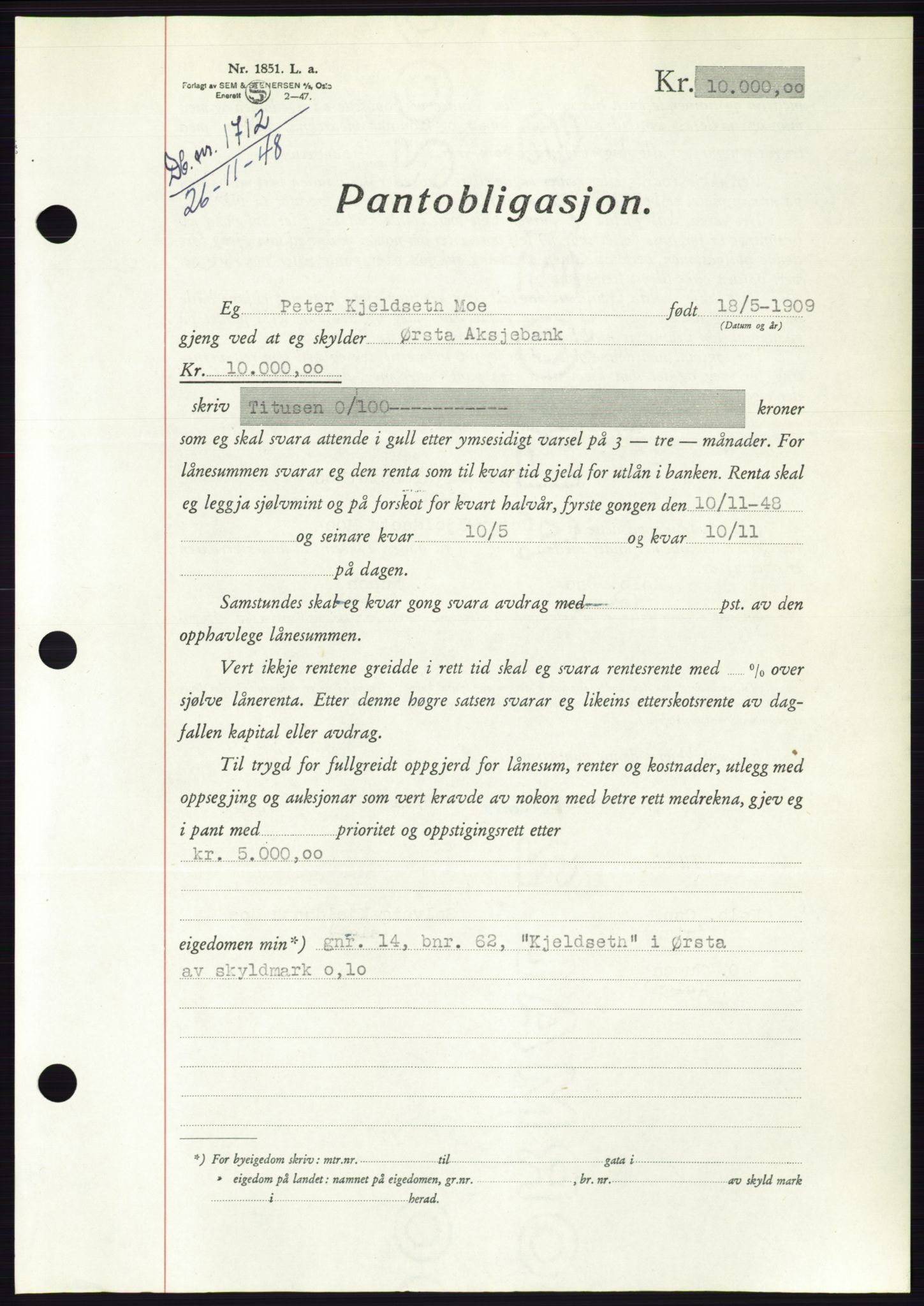 Søre Sunnmøre sorenskriveri, AV/SAT-A-4122/1/2/2C/L0116: Pantebok nr. 4B, 1948-1949, Dagboknr: 1712/1948