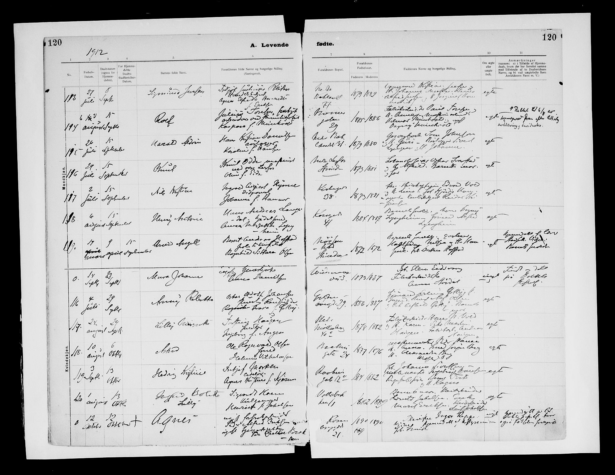 Ministerialprotokoller, klokkerbøker og fødselsregistre - Sør-Trøndelag, SAT/A-1456/604/L0203: Ministerialbok nr. 604A23, 1908-1916, s. 120