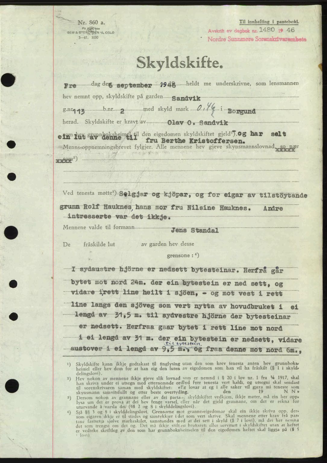 Nordre Sunnmøre sorenskriveri, SAT/A-0006/1/2/2C/2Ca: Pantebok nr. A22, 1946-1946, Dagboknr: 1480/1946