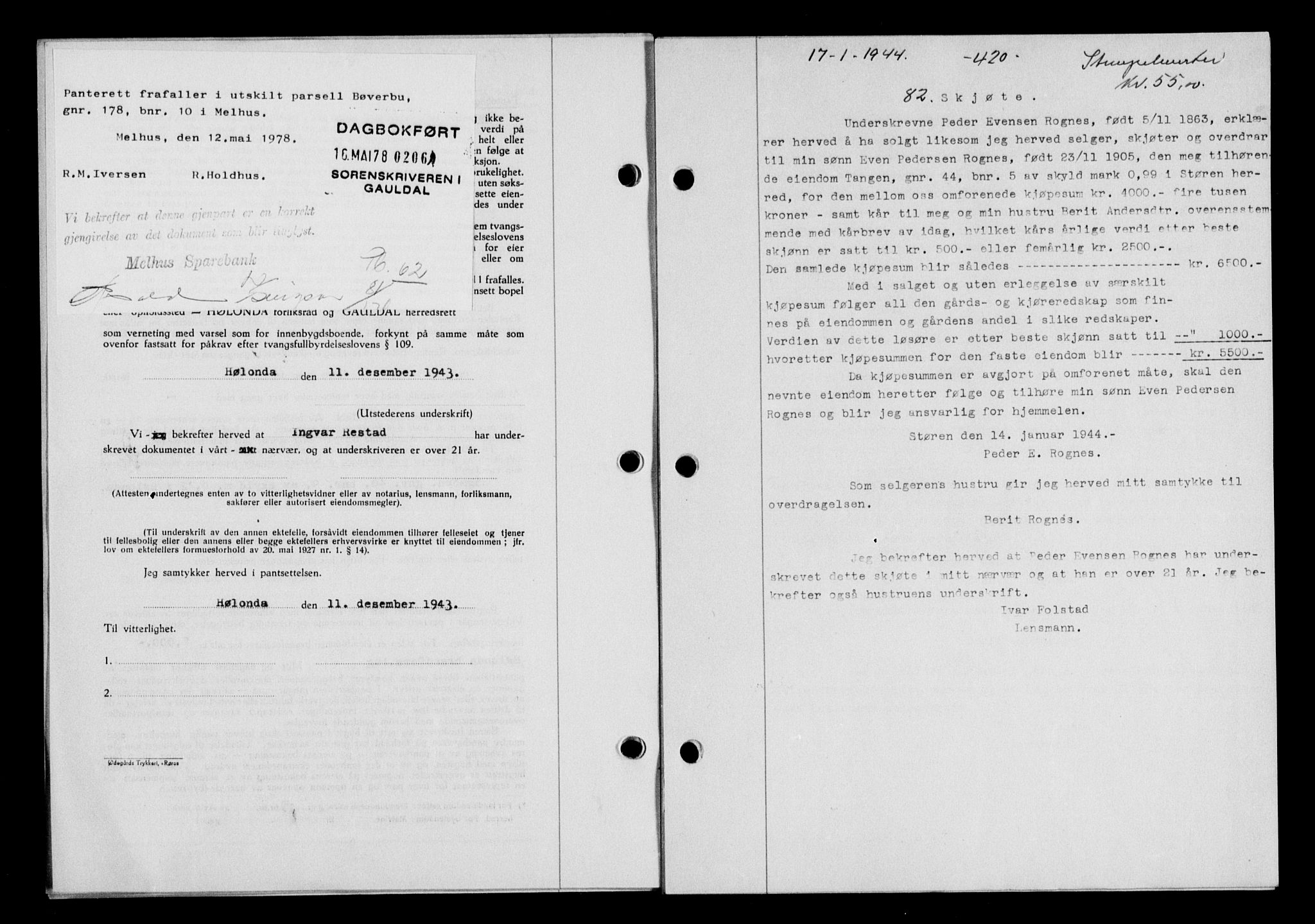 Gauldal sorenskriveri, SAT/A-0014/1/2/2C/L0057: Pantebok nr. 62, 1943-1944, Dagboknr: 82/1944