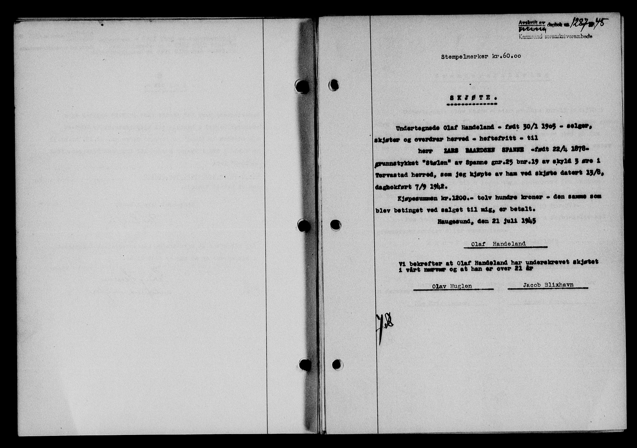 Karmsund sorenskriveri, SAST/A-100311/01/II/IIB/L0084: Pantebok nr. 65A, 1945-1946, Dagboknr: 1287/1945