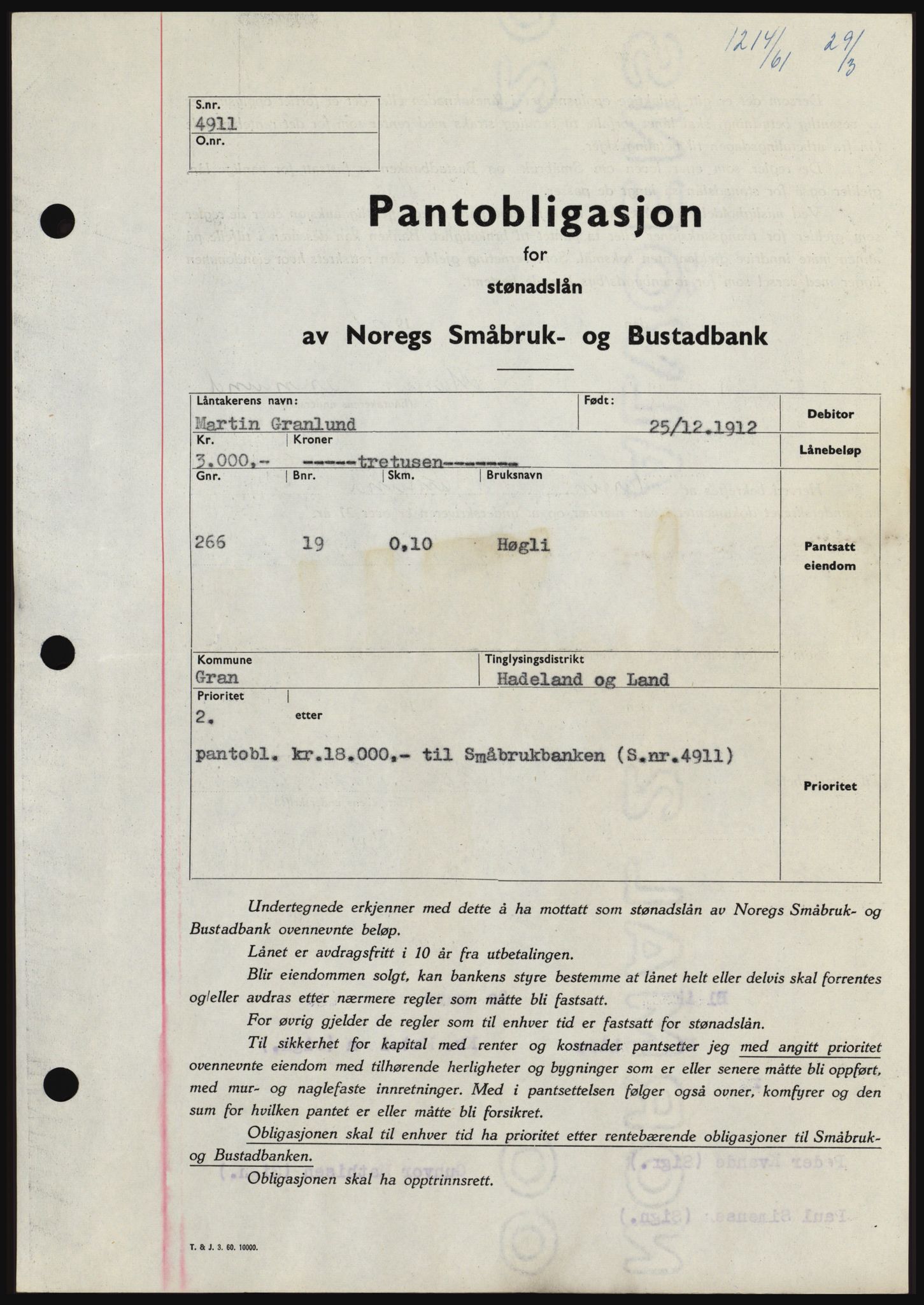 Hadeland og Land tingrett, SAH/TING-010/H/Hb/Hbc/L0045: Pantebok nr. B45, 1961-1961, Dagboknr: 1214/1961