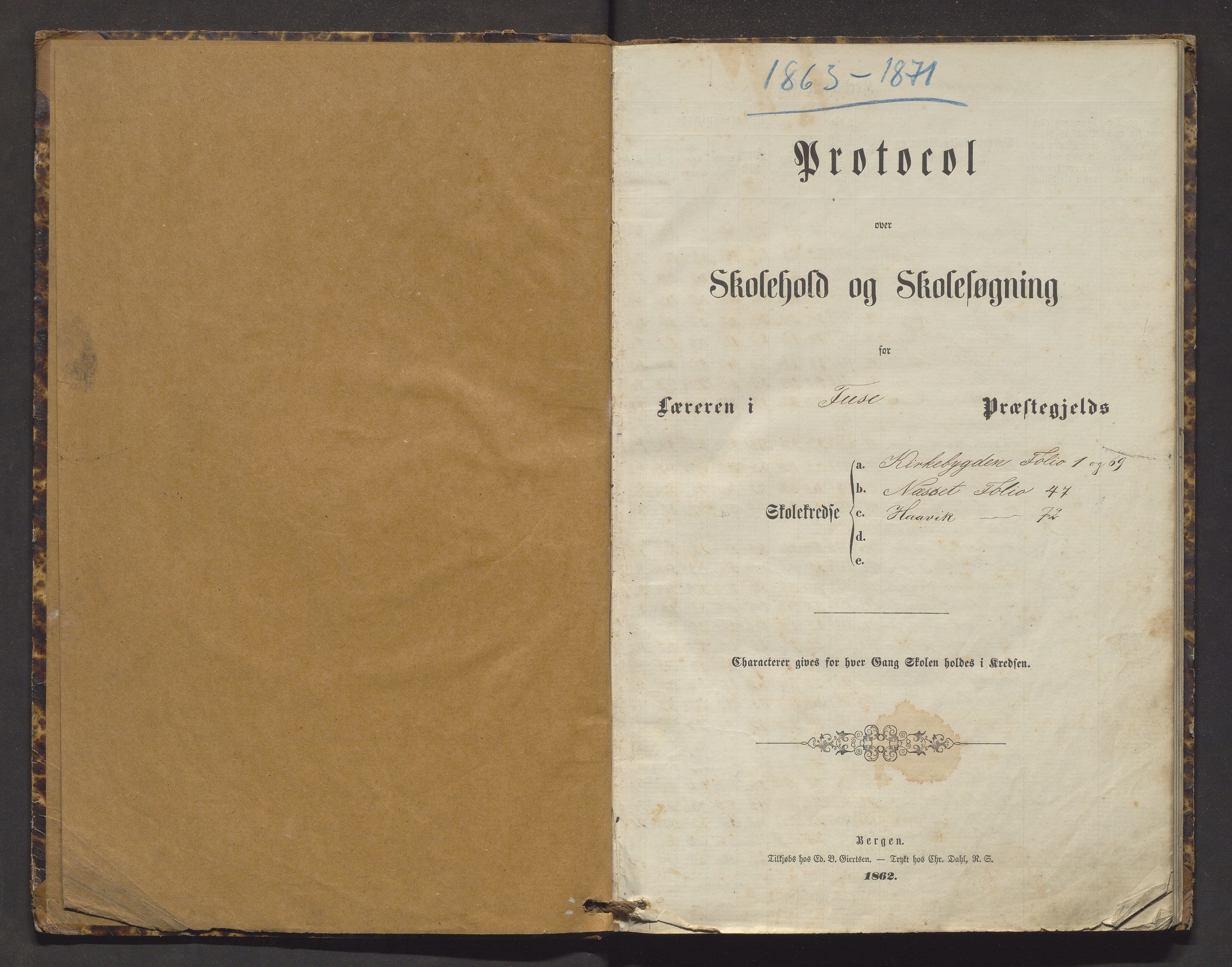 Strandvik kommune. Barneskulane, IKAH/1240-231/F/Fa/L0002: Skuleprotokoll for Kyrkjebygda, Næsset og Håvik krinsar i Fusa prestegjeld, 1863-1871