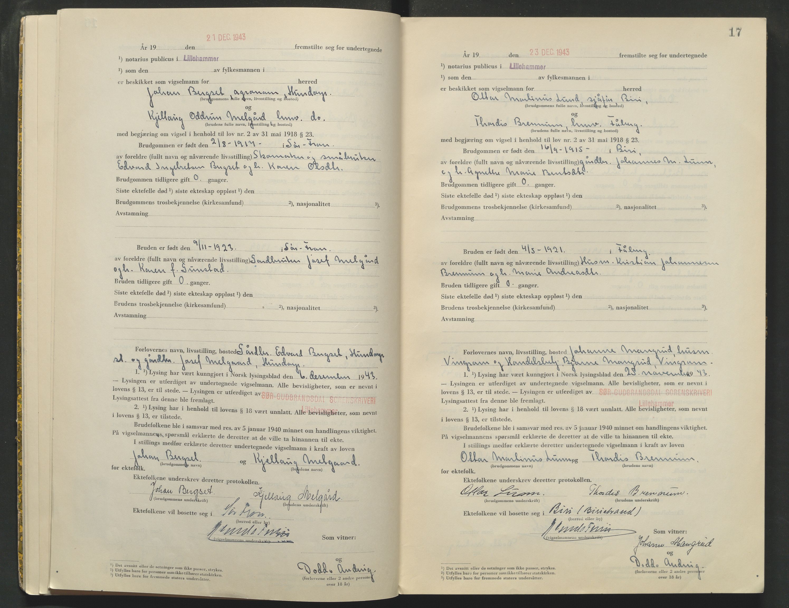 Sør-Gudbrandsdal tingrett, AV/SAH-TING-004/L/Lc/L0004: Vigselsprotokoll, 1943-1944, s. 17